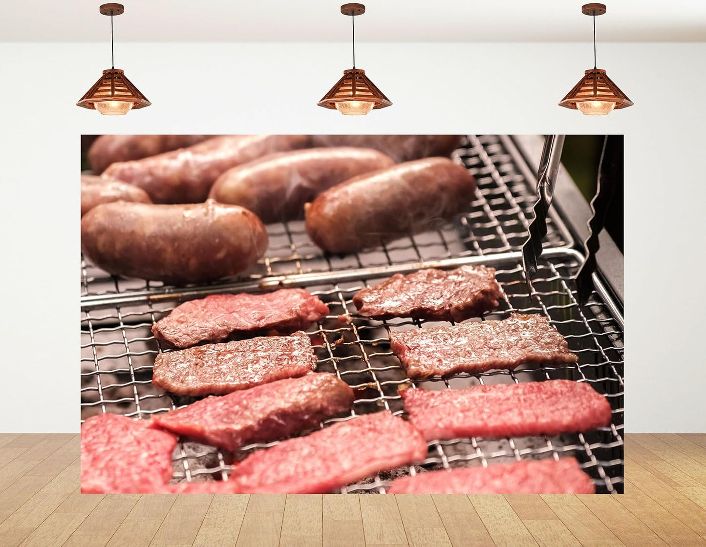 KeyWork 8x8ft Smoky BBQ Meat Assortment Backdrop Sausages Beef Slices Photography Background for Catering Event