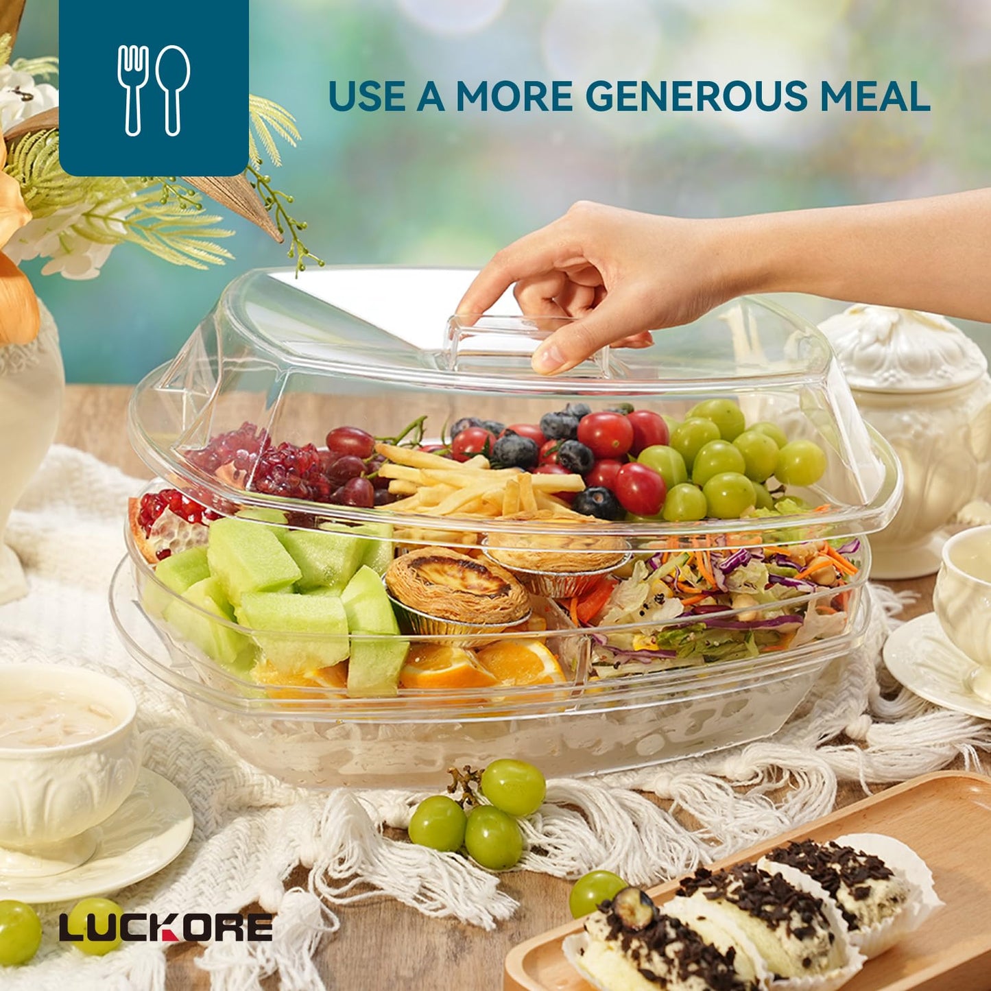 Luckore Chilled Ice Serving Tray, 15.1" Ice Chilled Party Platter, 3 Layers Veggie Platter with Lid, Stackable Appetizer Party with 4 Compartments for Shrimp, Fruits, Veggies