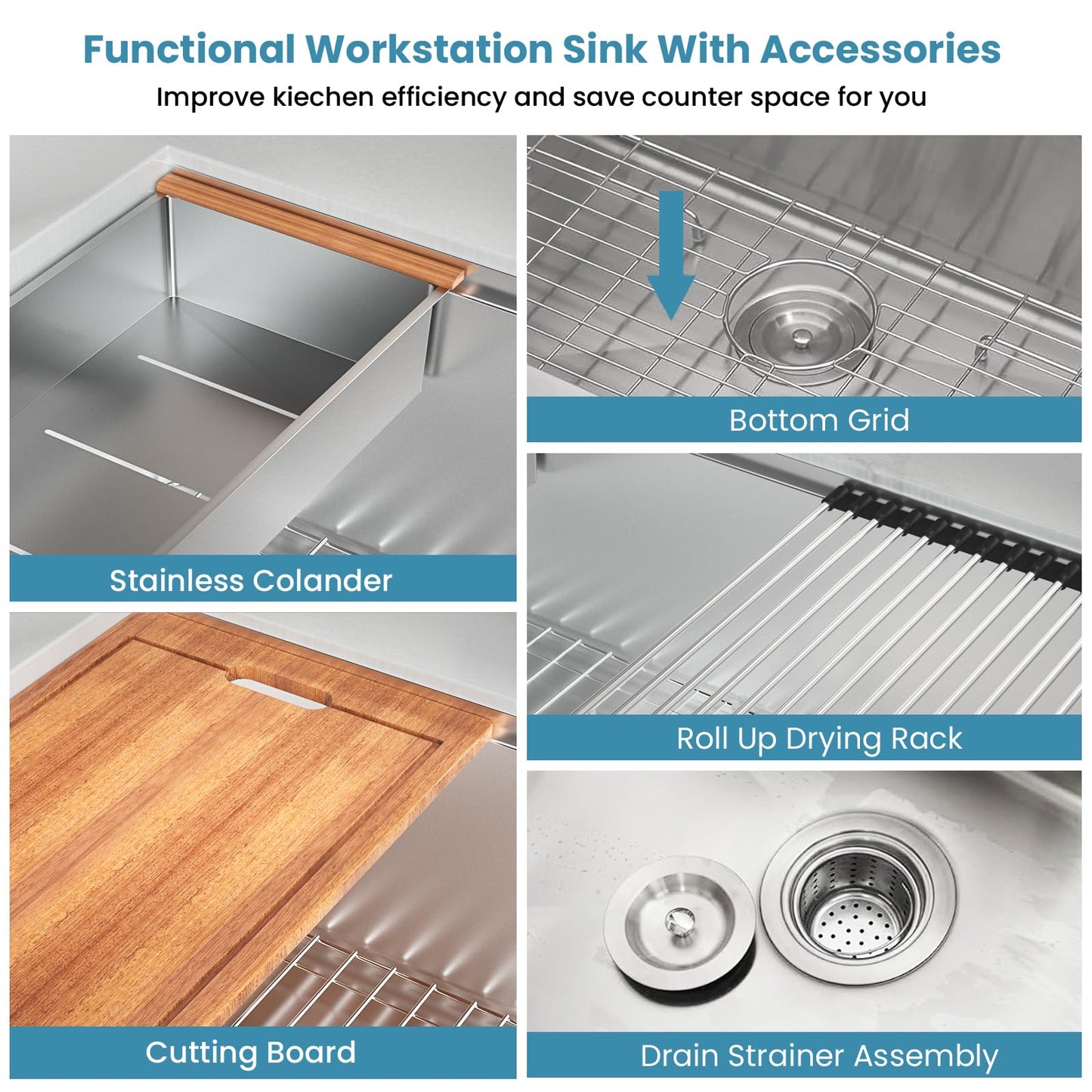 32 Inch Undermount Kitchen Sink, 16 Gauge Stainless Steel Workstation Sink with Accessories, Single Bowl, Brushed Finish (32"x19"x10")