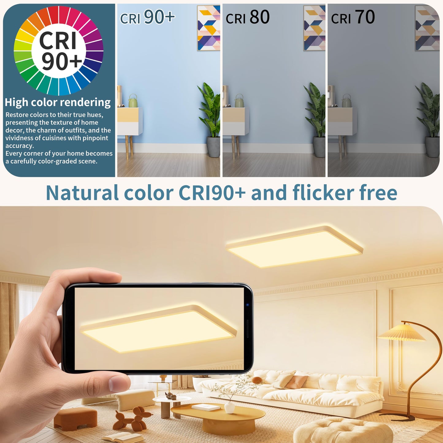 23 Inch Dimmable LED Flush Mount Ceiling Light Fixture with Remote, Square Low Profile Ceiling Light,3000K–6500K Color Changing,Night Light,White,for Bedroom,Kitchen,Living Room