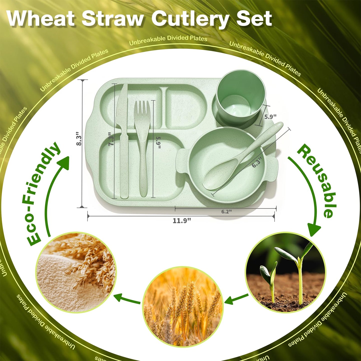 Hlukana 24 Pcs Wheat Straw Dinnerware Cutlery Set, Unbreakable Tableware Set, Including Kids Toddlers Divided Plates, Bowls, Cup, Cutlery Spoons Knifes Forks, BPA Free, Microwave Dishwasher Safe