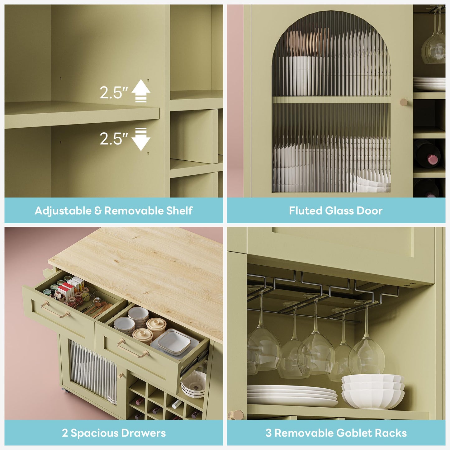 LIKIMIO Rolling Kitchen Island with Storage, 39.4" W Mobile Cart with Power Outlet & Drop Leaf Table, 2 Drawers, Removable 12 Grids, 3 Wine Racks, 360°Casters, Adjustable Shelf, Glass Door, Green