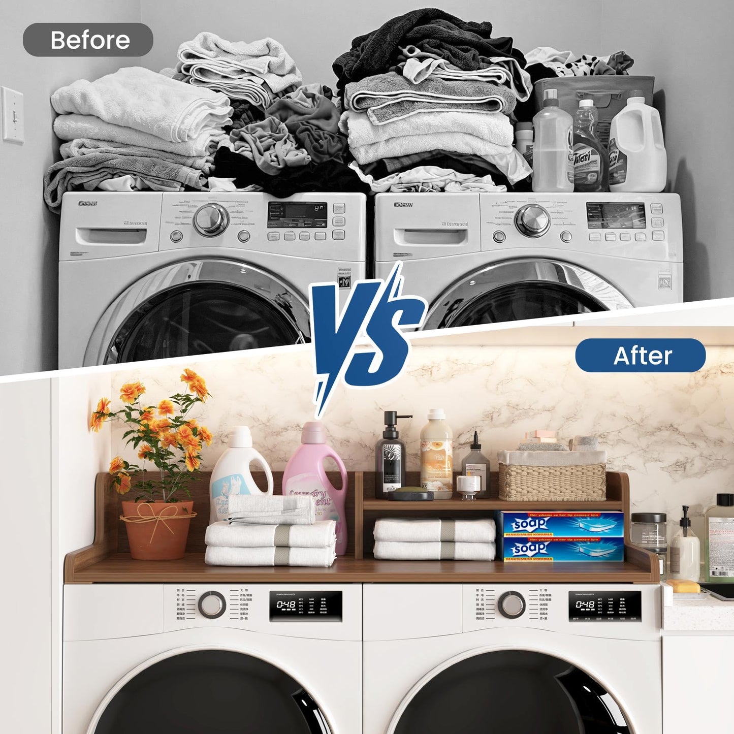 BREENHILL Washer Dryer Countertop with Open Storage Shelf & Raised Edge Guard, Laundry Room Storage Shelf Over Washer Dryer, Non-Slip Wood Organizer Topper, Walnut Finish
