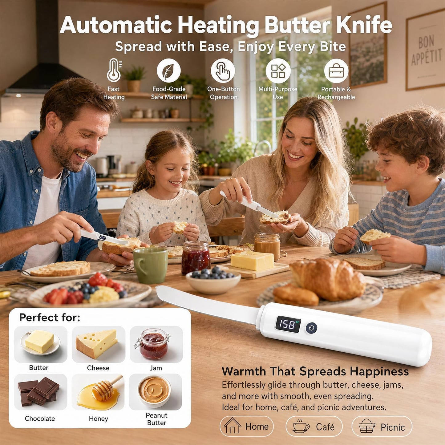 BCYIIELY Electric Heated Butter Knife Spreader - Rechargeable USB Stainless Steel Butter Knife for Hard Butter, Cheese, Jam, Cream, Kitchen Gadget with Smart Display