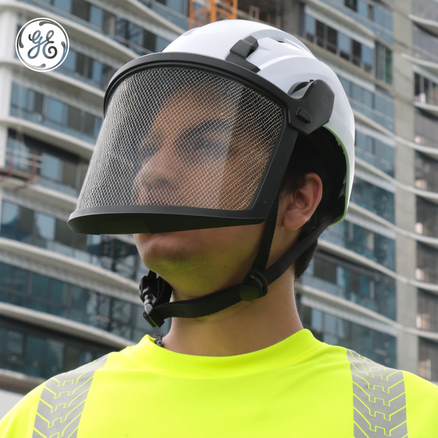 Complete Safety Gear Set: GE Safety Helmet, Full Face Mesh Visor Kit & Cap Mounted Earmuff – Impact Protection | Noise Reduction | Enhanced Comfort for Construction and Industrial Work. (Green)