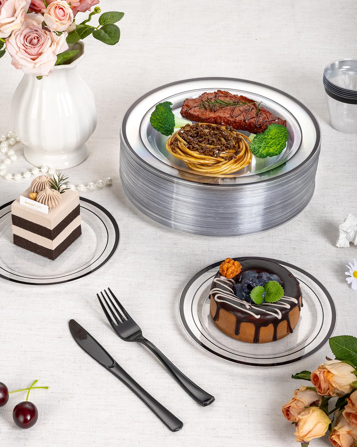 Goodluck 175 Pcs Black Plastic Plates, Clear Plastic Silverware Disposable Plates Set, Include 50 Plates, 25 Pack Pre Rolled Napkins with Silverware, 25 Cups for Party, Wedding, Graduation