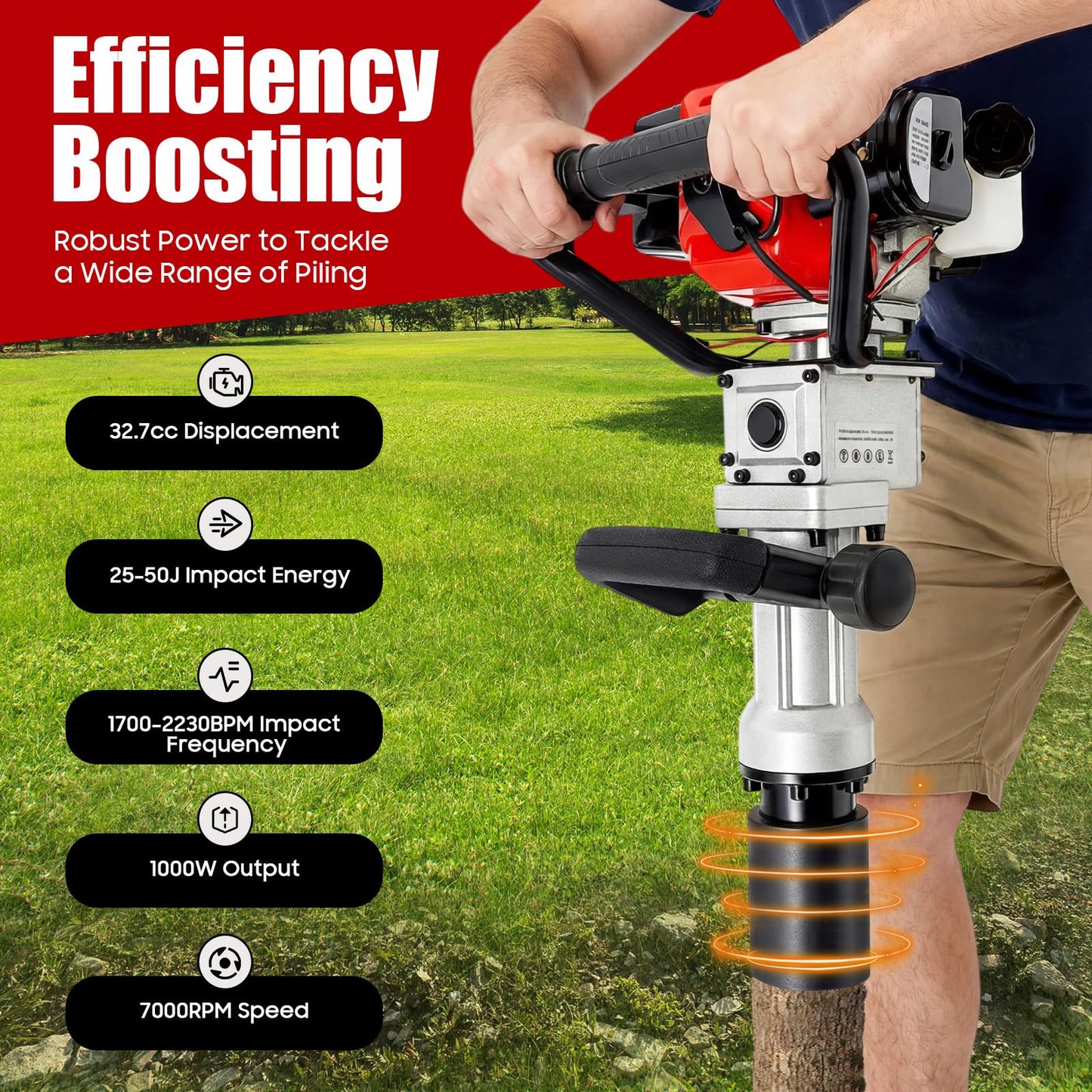 32.7CC 2 Stroke Gas Powered T Post Driver, 1000W Portable Fence Post Driver with Conversion Head, 7000RPM Petrol Pile Driver Hammer with Air-Cooled System for A Range of Piling Projects