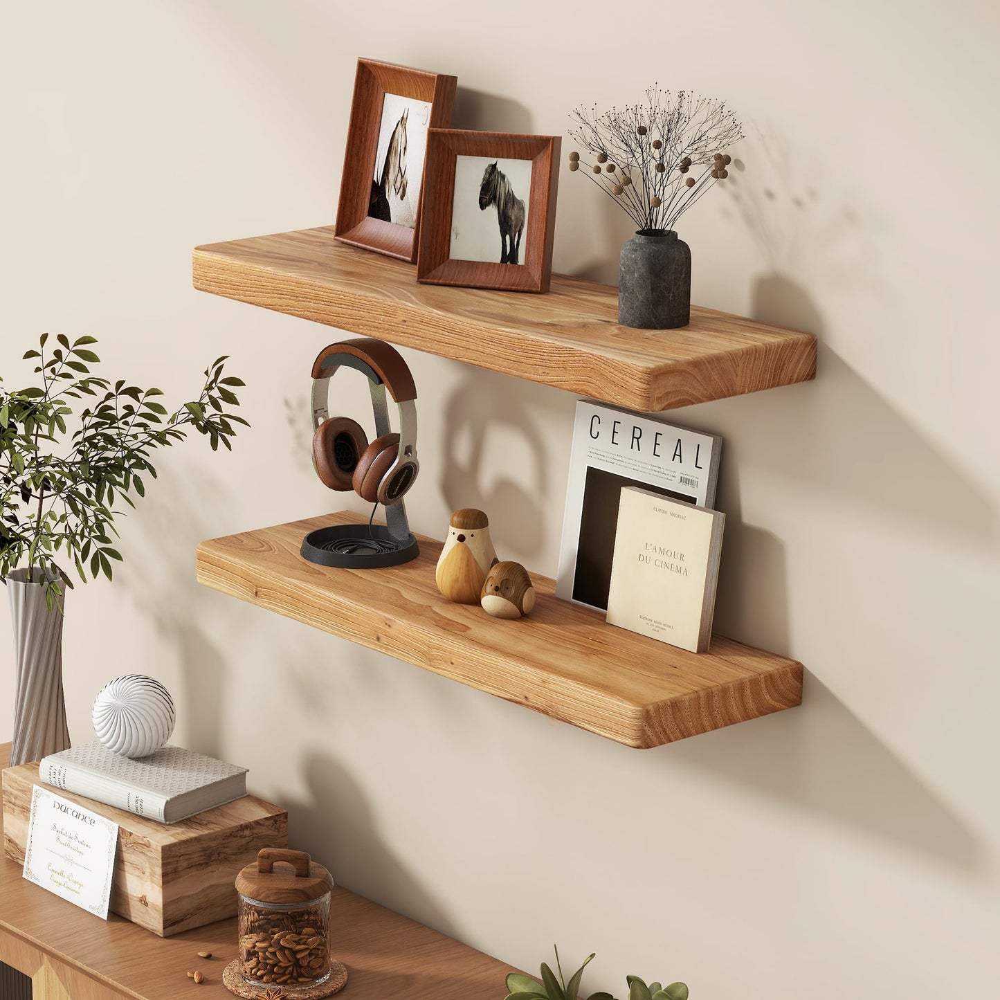 Fun Memories 24 Inch Floating Shelves, Solid Elm Wood Wall Shelf for Home Decor, Rustic Bathroom Shelves Set of 2, Heavy-Duty Storage Shelf for Kitchen, Bedroom, Living Room