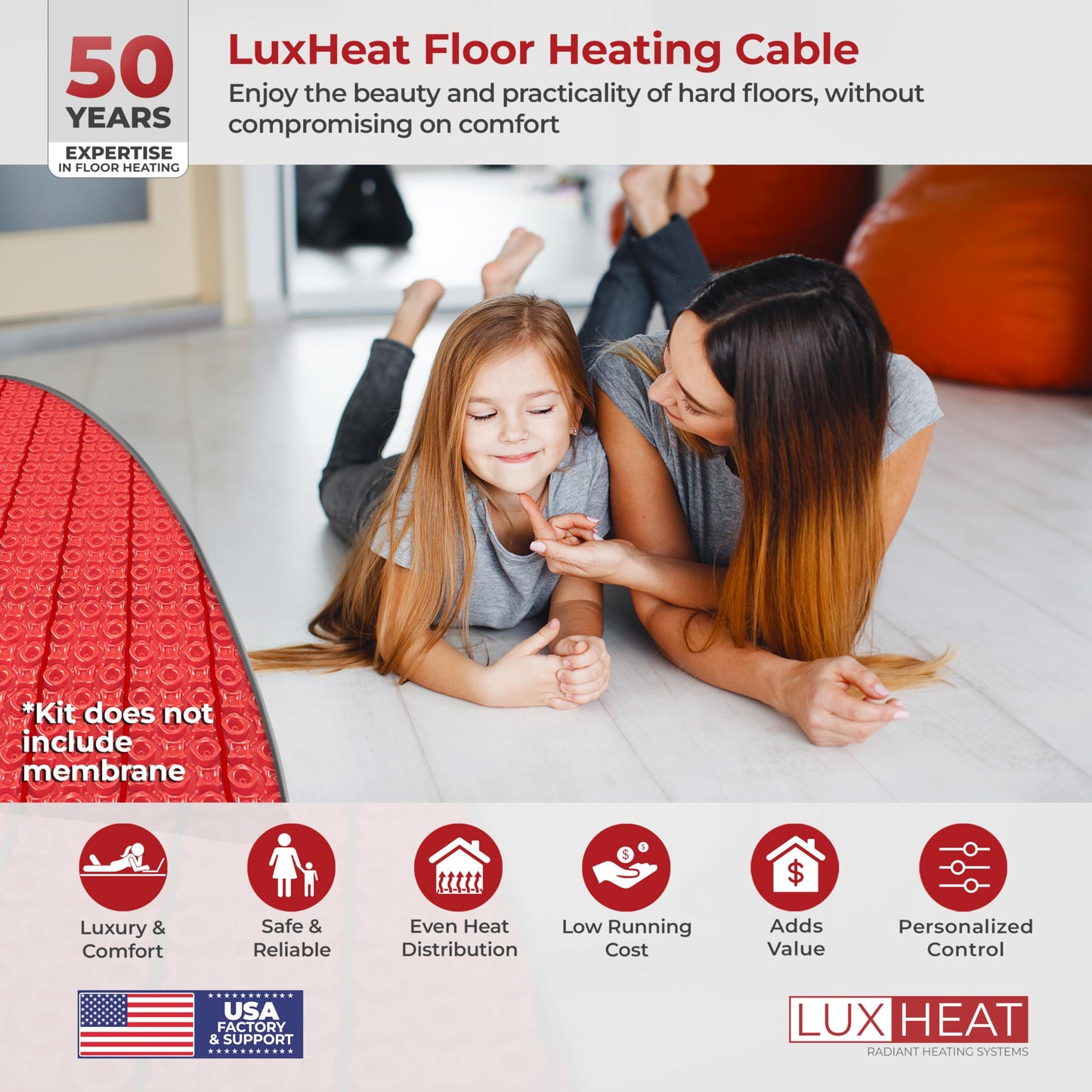 LuxHeat 100sqft Floor Heating Cable Kit - 120v Infloor Heating System for Tile, Vinyl, Laminate - Easy to Install Heated Flooring System Includes In Floor Heat Cable, Alarm & Flooring Sensor