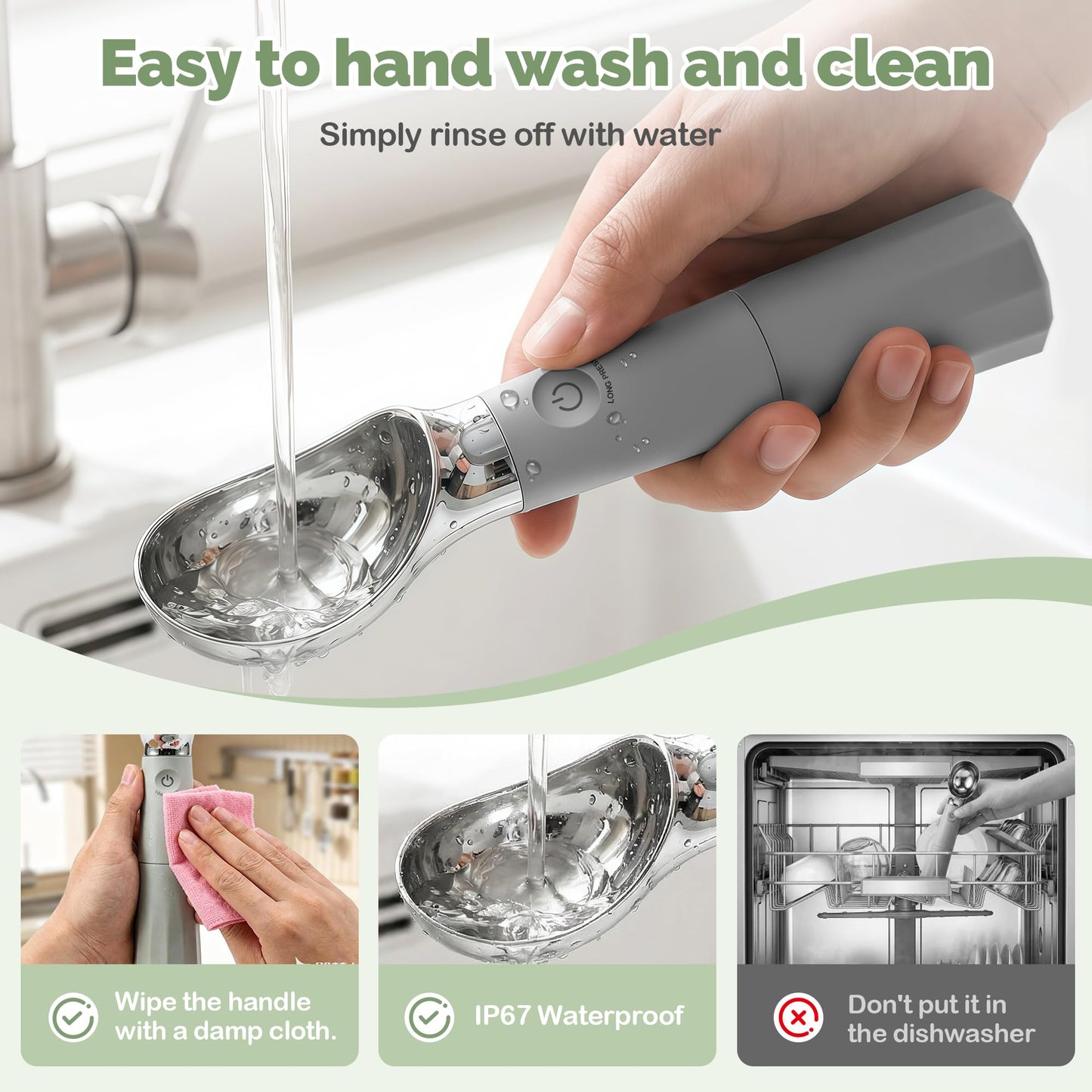 Heated Ice Cream Scoop Rechargeable with Removable Battery, Electric Warming Scooper, 30s Rapid Heating to 162°F, 316 Stainless Steel, LED Display & IP67 Waterproof, Easy Clean for Hard Ice Cream