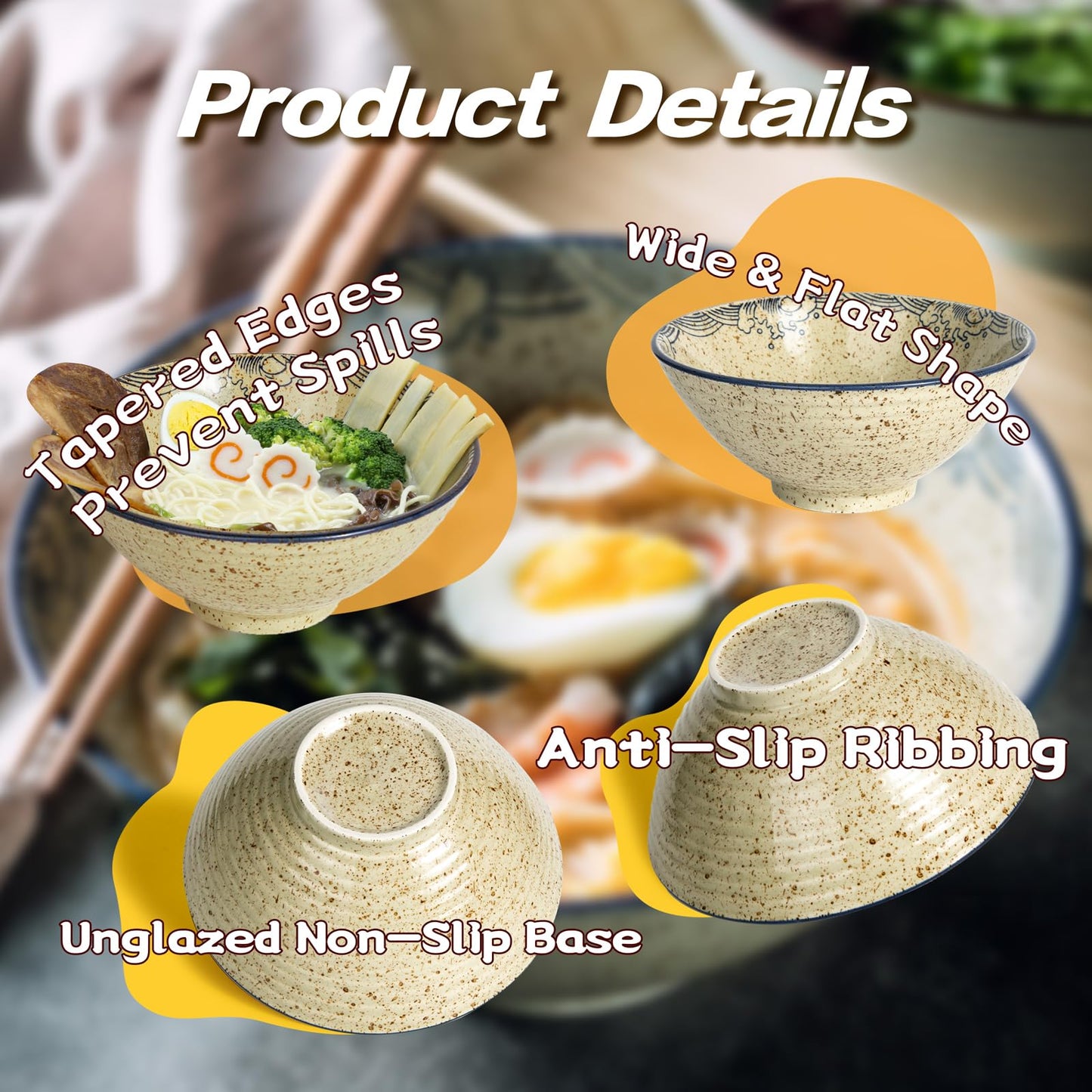 Niturceal Ceramic Ramen Bowl Set of 2, 40oz Japanese Noodle Bowls with Spoons & Chopsticks Porcelain Large Soup Bowl for Pho, Udon, Retro Style Tableware Microwave & Dishwasher Safe, Fish