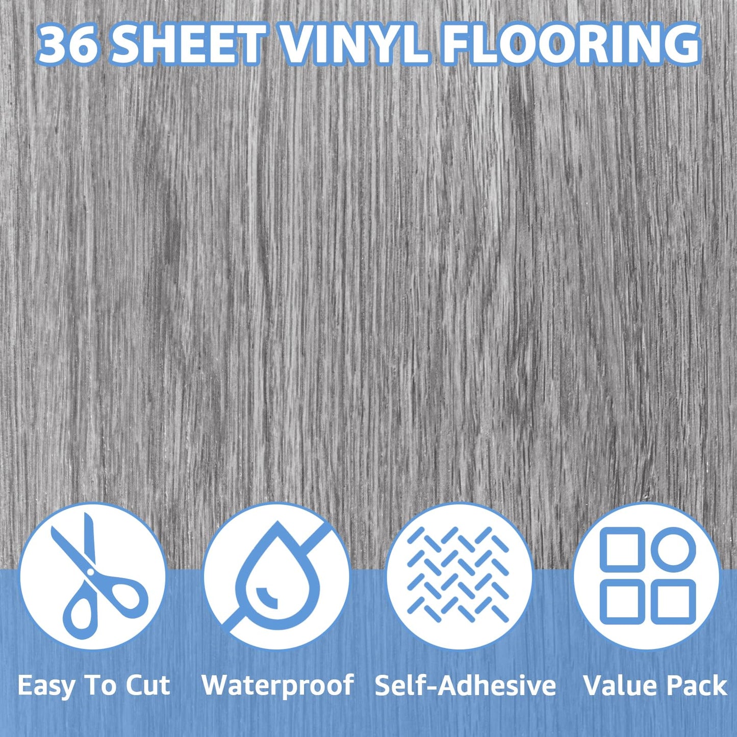 AKOLAFE Thicken 36 Sheet Vinyl Flooring 12x12 Peel and Stick Floor Tile Waterproof Clearance Vinyl Floor Tiles Vert Wood Grey Self Adhesive Floor Tiles Sticky Laminate Flooring for Kitchen Basement RV