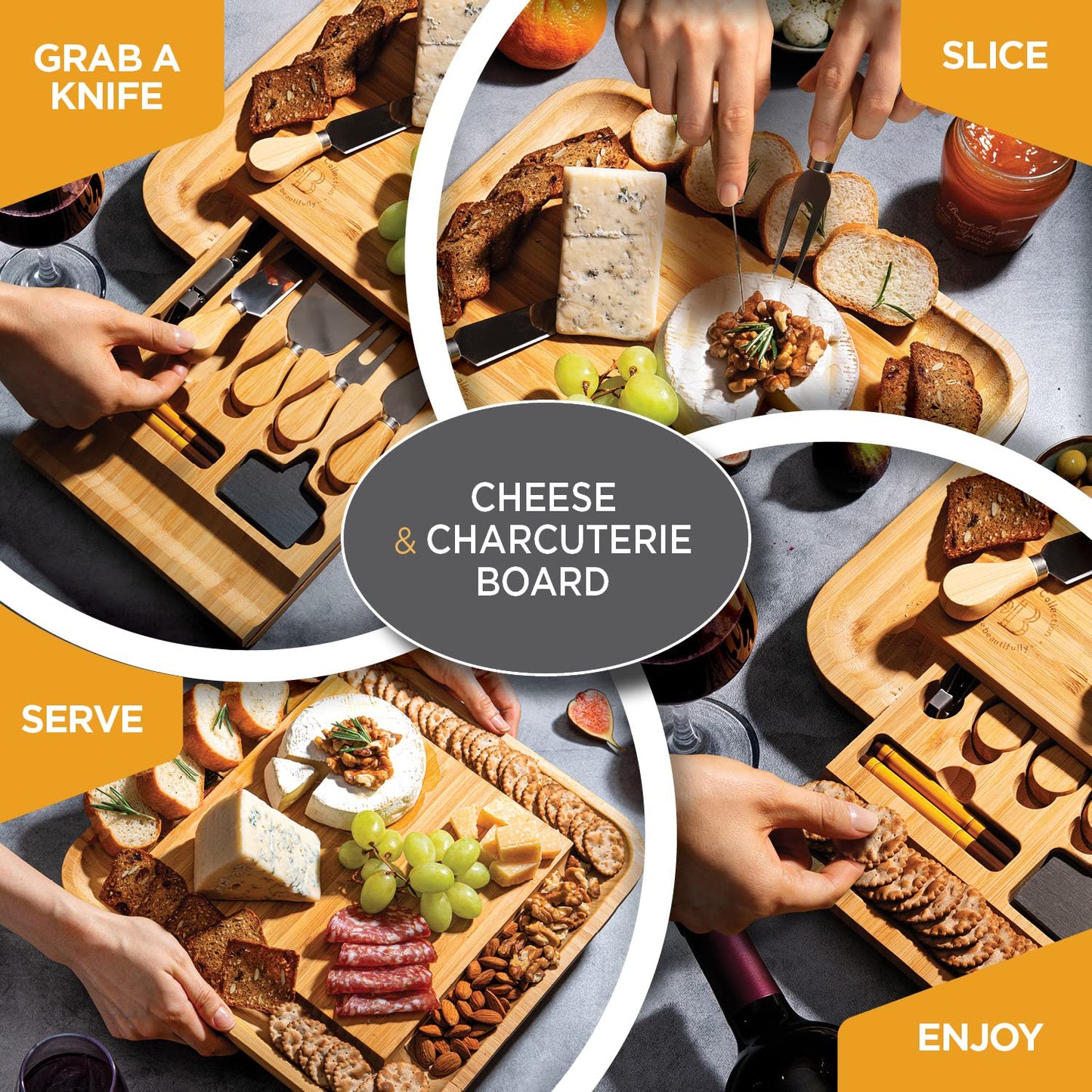 Charcuterie Boards Gift Set - Bamboo Cheese Board Set with Serving Knives, Meat Cheese Platter for Hosting Party Entertaining, Gifts for Women, Mom Dad, Wedding, Birthday, House Warming Gifts New Home
