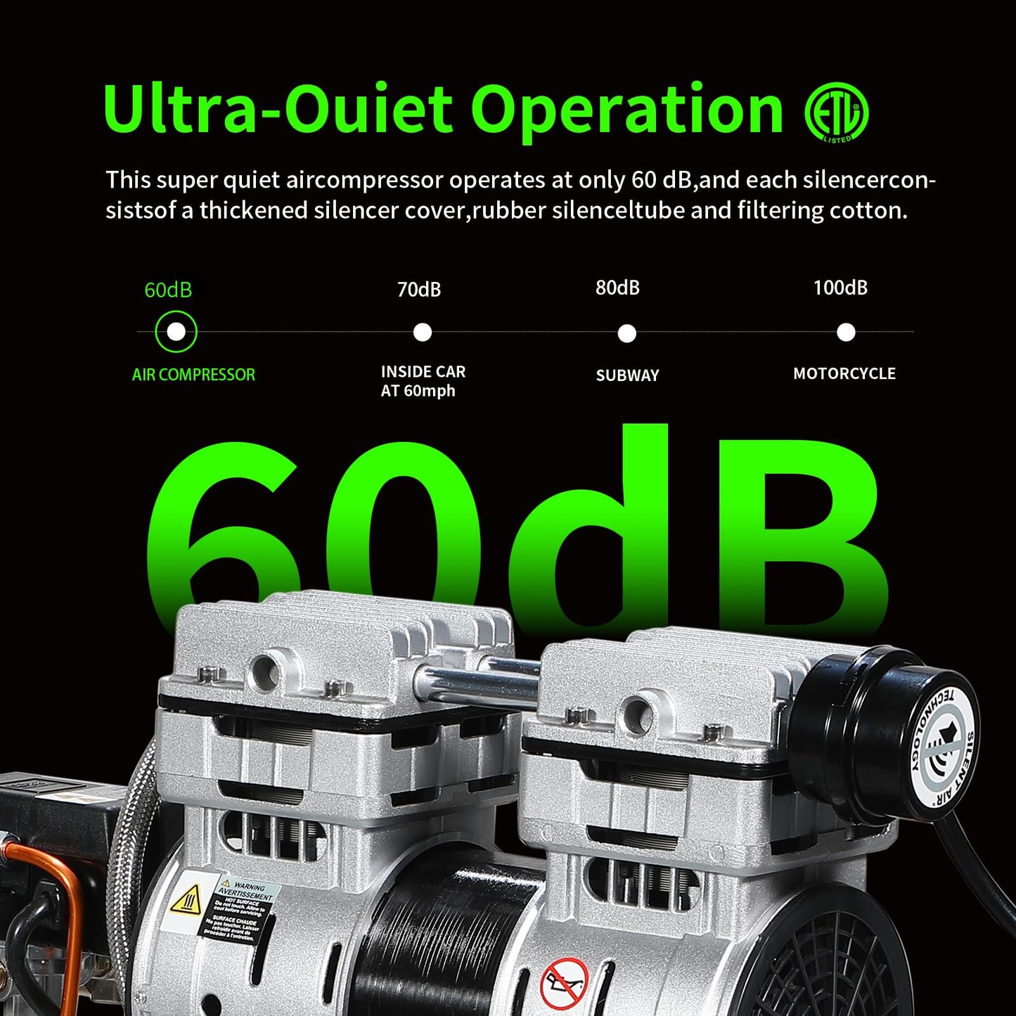 6 Gallon Portable Air Compressor 1HP 2.5 CFM@90PSI 60dB Ultra Quiet Oil Free Air Compressor Ideal for Tire Inflation Pneumatic Tool Spray Painting