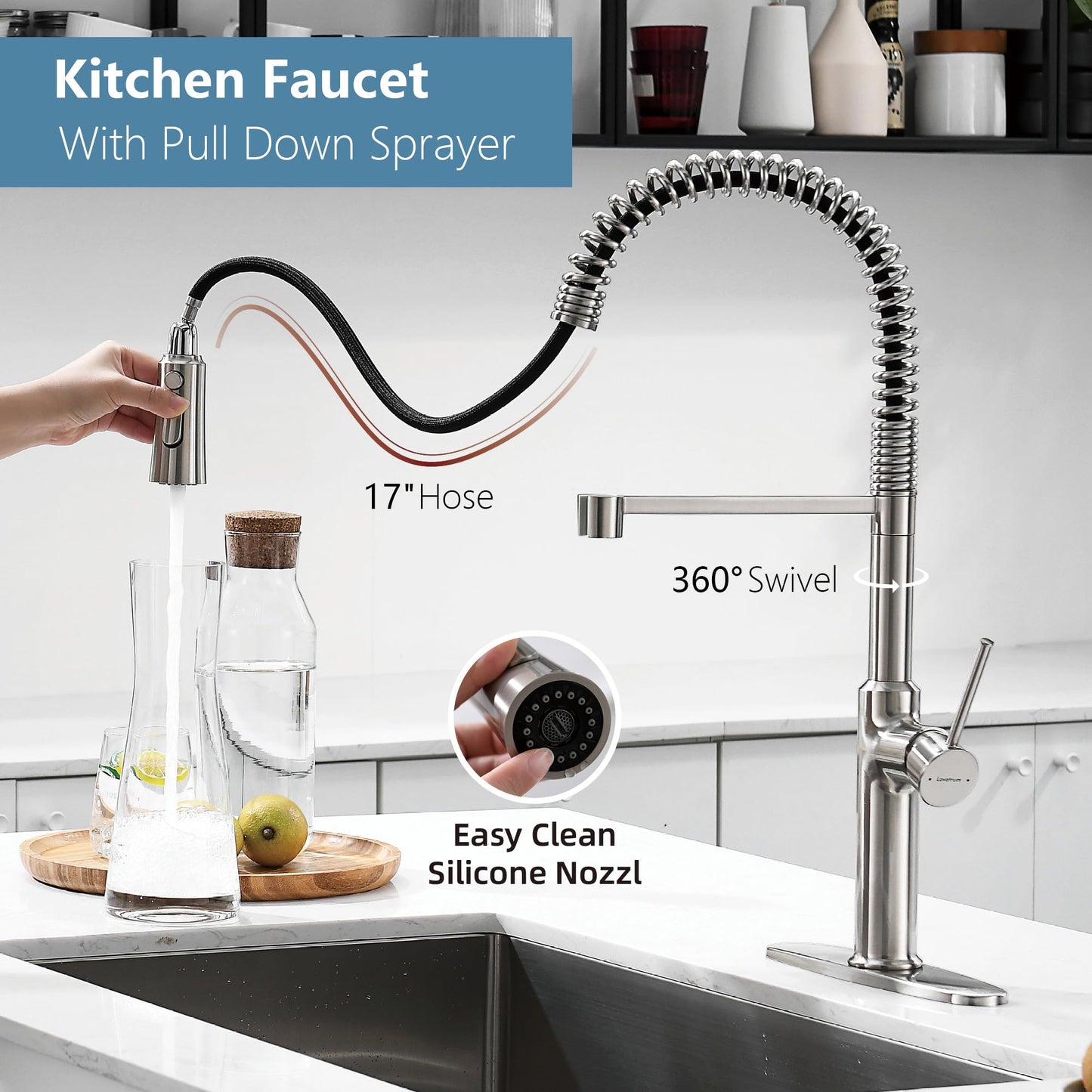 Lavatrum Brushed Nickel Kitchen Faucets, Brass 22 inch Commercial High Arc Single Handle Kitchen Faucets for Pull Down Sprayer Modern Spring with Deck Plate