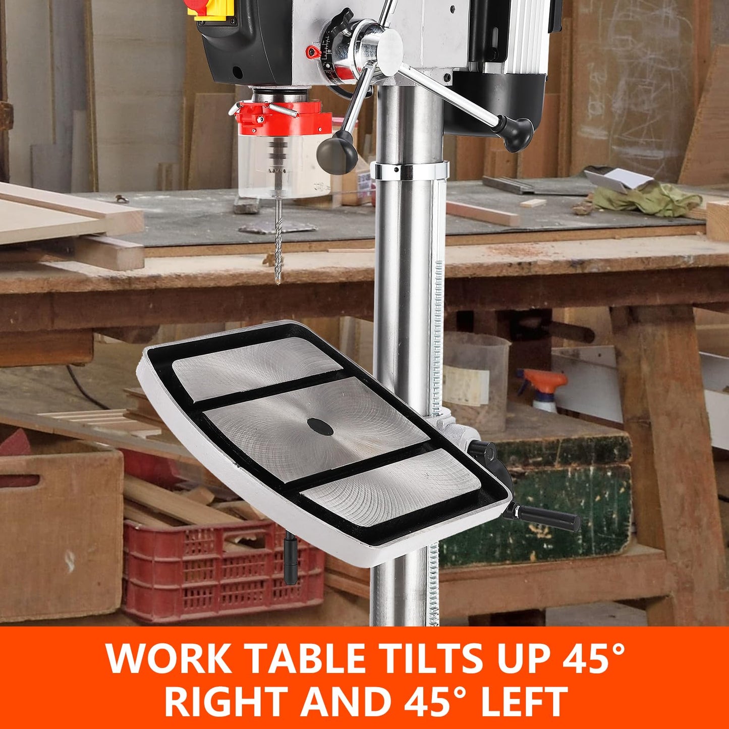 Garvee 17 in Floor Drill Press, 12 Amp 120V Pure Copper Motor, 200-3630 RPM Variable Speed Cast Iron Bench Drill Press, 0-45° Tilting Worktable, Tabletop Drilling Machine for Wood Metal