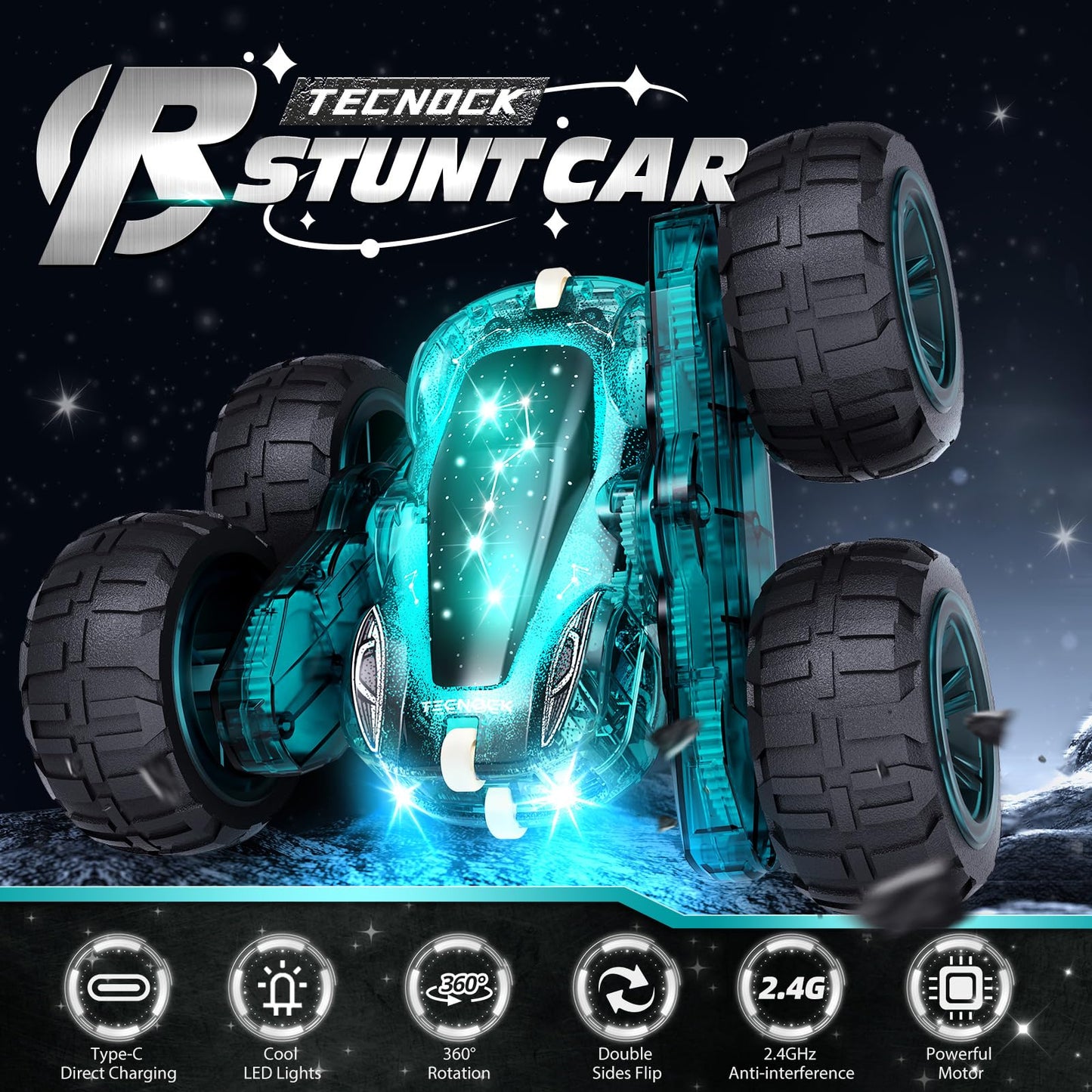 Tecnock Remote Control Car, 2.4GHz RC Cars with USB-C Easy Charging, 4WD Double Sided 360° Rotates and Flips RC Stunt Car, Toys Gift for Boys and Girls Ages 6-8, 8-12