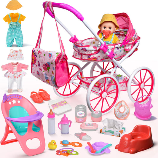 Baby Doll Stroller Set Toys with 12.5'' Baby Dolly, Baby Doll Accessories with Dining Chair&2 Set Clothes&Diaper Changing, Doll Playset for Kids, Pretend Play Girls Toys Gifts for Girls 3 4 5 Year Old