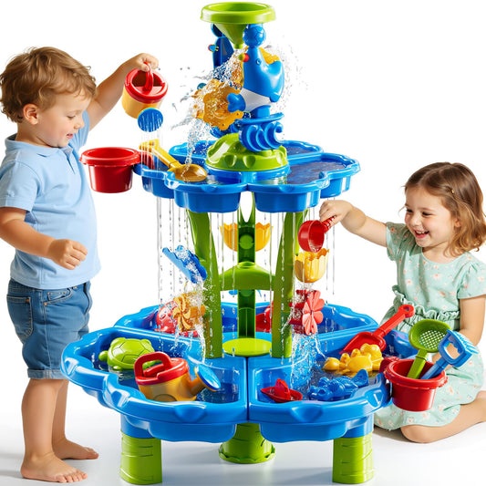 JUKUDAHU 2-Tier Sand and Water Table Toys for Kids Aged 3 4 5 6 7 8, Outdoor Activity Playset Sensory Play Table with Beach Toys Accessories Water Waterfall, Birthday Gifts for Toddlers 3-4 3-5 4-6