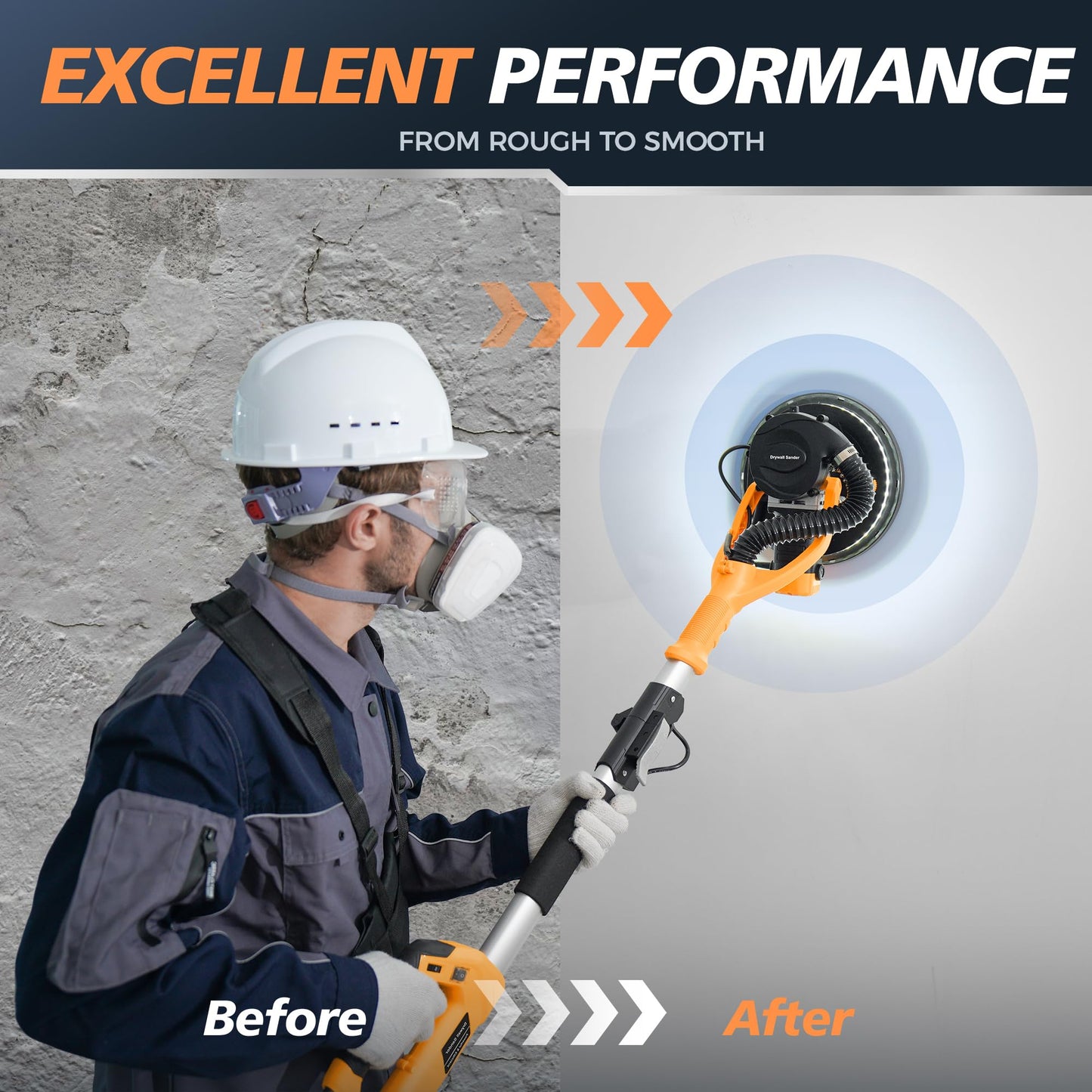 MAKELIFT Drywall Sander with Vacuum Dust Collector, 880W 7.33A Popcorn Ceiling Removal Tool, LED Light, 5 Variable Speed 1000-2100RPM, Foldable & Extendable Handle, 12 Sanding Discs