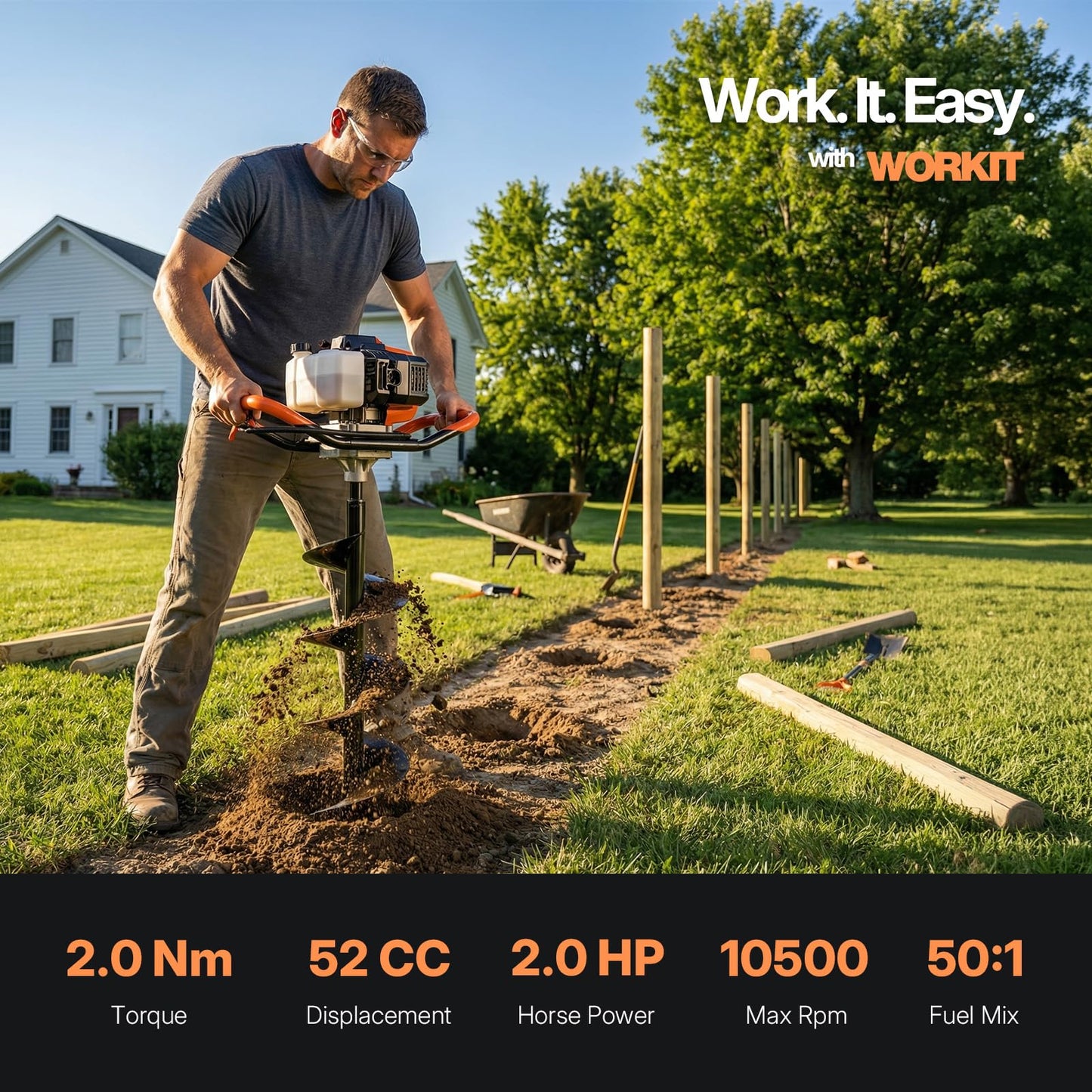 WORKIT 52CC Post Hole Digger, Auger Post Hole Digger Easy Start, 2-Cycle Xtreme Engine, Gas Powered Earth Auger with 6"+10" Auger Drill Bit, 10"+20"+30" Extension Rods, EPA Certification