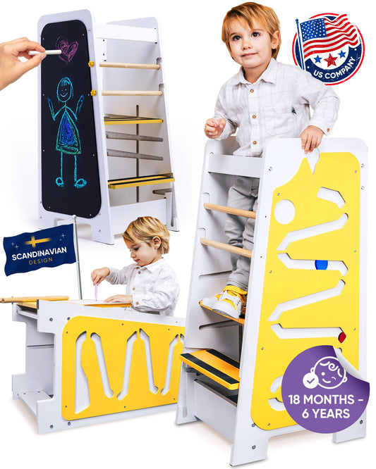 4in1 Toddler Standing Tower 3 Level Adjustable Height [Multifunctional] with Chalkboard, Montessori Inspired Games, Table & Learning Hub - Learning Tower for Kitchen from 18 Mo to 6 Yr - Ship from US