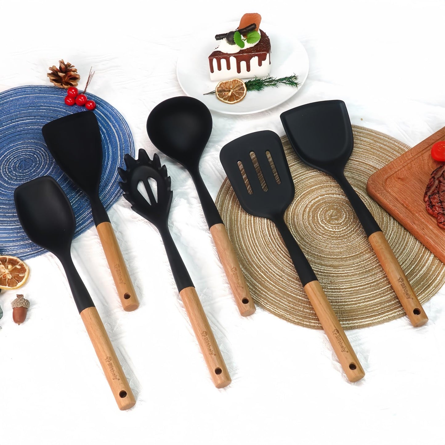 Large Silicone Kitchen Utensils Set, 6 PCS Nonstick Cooking Utensils Set with Wooden Handle, Heat Resistant and BPA Free Silicone Utensil Spatula Set for Cooking with Turner, Spoon and Ladle(Black)