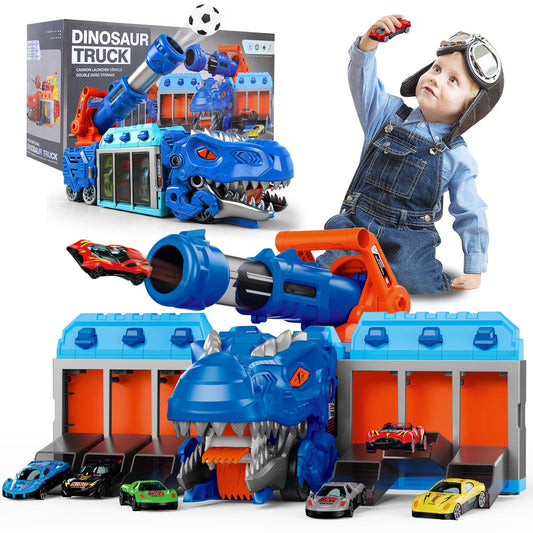Dinosaur Truck Car Toy for Kids 3-12, Foldable Dino Truck Toys with 10 Mini Carts, 12 Soft EVA Balls, Tyrannosaurus Rex Playset for Boys, Ejection Shooting Game Play, Birthday Gifts for Kid 3 4 5 6