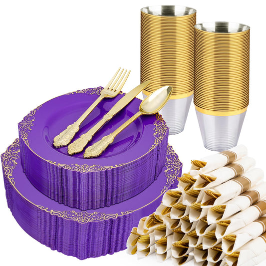 Realluck 350 PCS Purple and Gold Plastic Plates, Plastic Dinnerware Set for 50 Guests, 100 Disposable Plates, 150 Silverwares, 50 Cups, 50 Napkins for Party, Wedding, Graduation