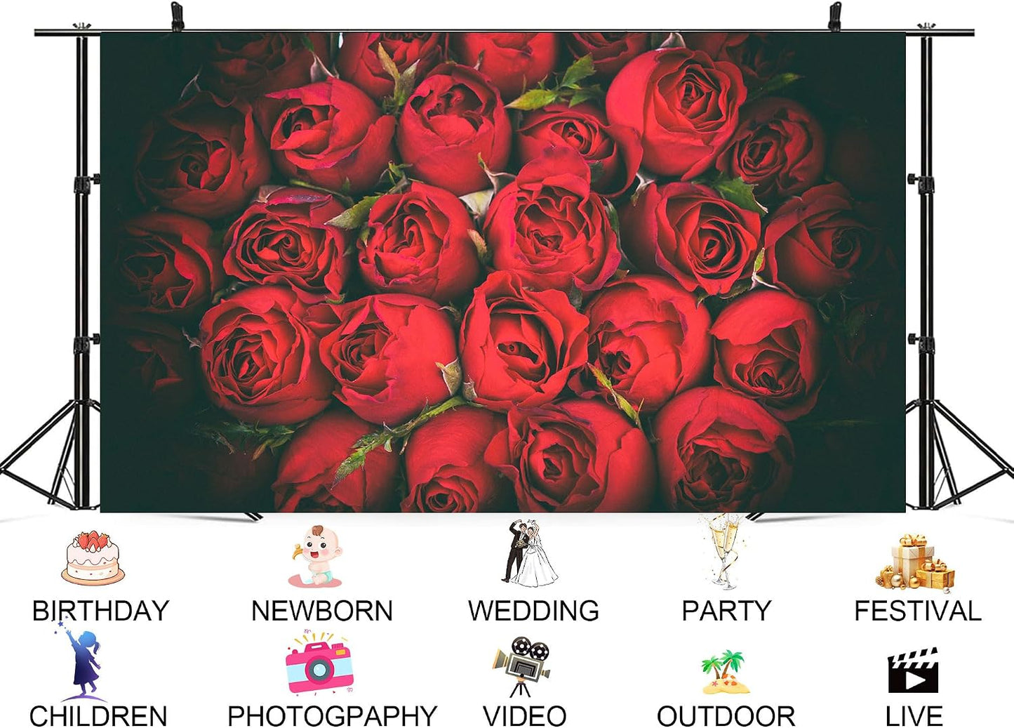 UPXIO 9x6ft Dense Red Roses Bouquet Backdrop Romantic Floral Deep Red Petals Photo Background Tapestry for Wedding