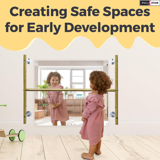 Montessori Coordination Mirror Set - Pull Up Bar and Mirror for Babies, Toddlers | Develop Motor Skills Self-Discovery | Hardware Included | Plexiglass Acrylic Safety & Powder Coated Steel Bar