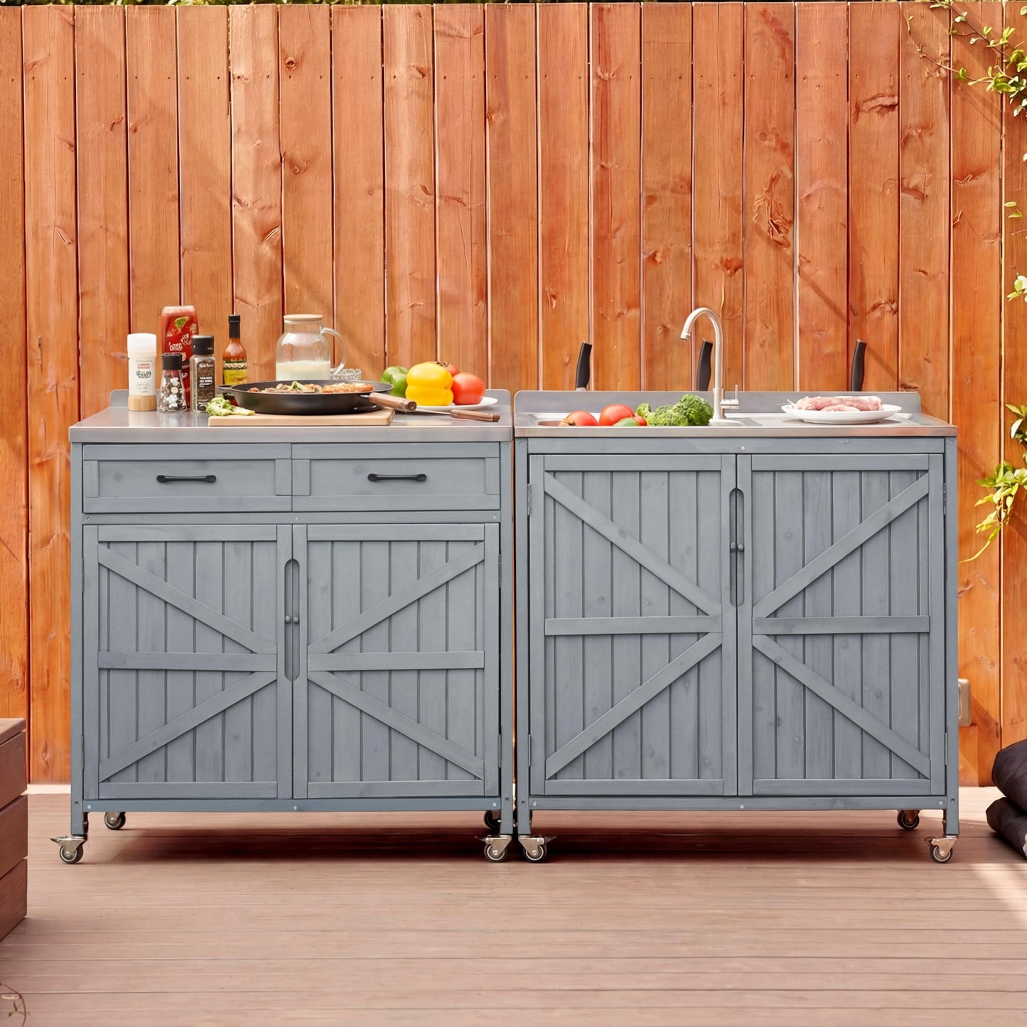Merax 2 Piece Modular Outdoor Kitchen Series- Kitchen Grill Cart w/Stainless Steel Sink, Wood Rolling BBQ Prep Table w/Stainless Steel Top, Lockable Wheels for Patio & Outdoor Cooking, Grey Blue