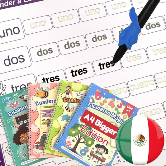 KILOGOGRAPH Magic Grooved Writing Practice for Kids - A4 Big Size Spanish Pre K Tracing Practice Book, Reusable Preschool Handwriting Workbooks Without Tears, 4-Theme Copybooks Pen (Spanish, Big)