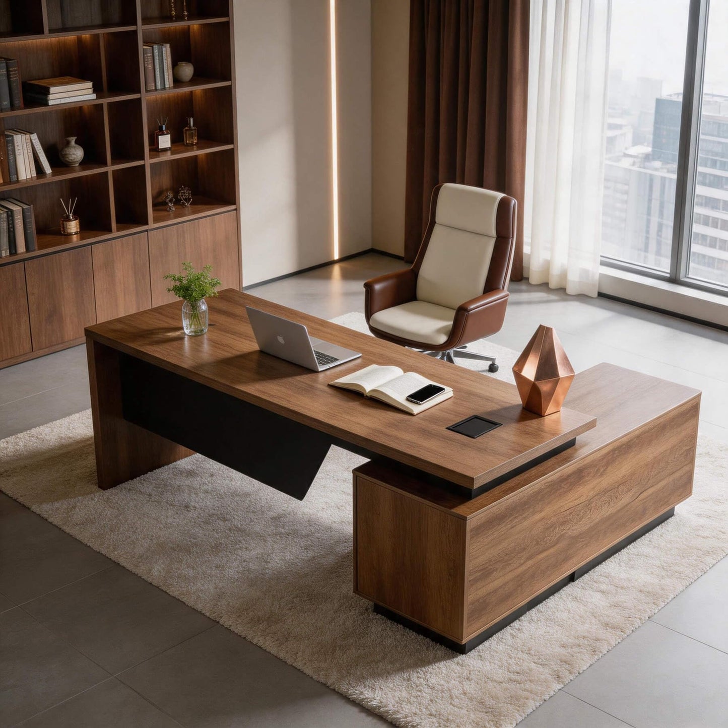Retractable L-Shaped Executive Desk, Modern Office Desk with Drawers and Lateral File Cabinet, Large Computer Desk with Storage Shelves, Workstation for Home Office (Left Return, 86.6 - 94.5 IN)
