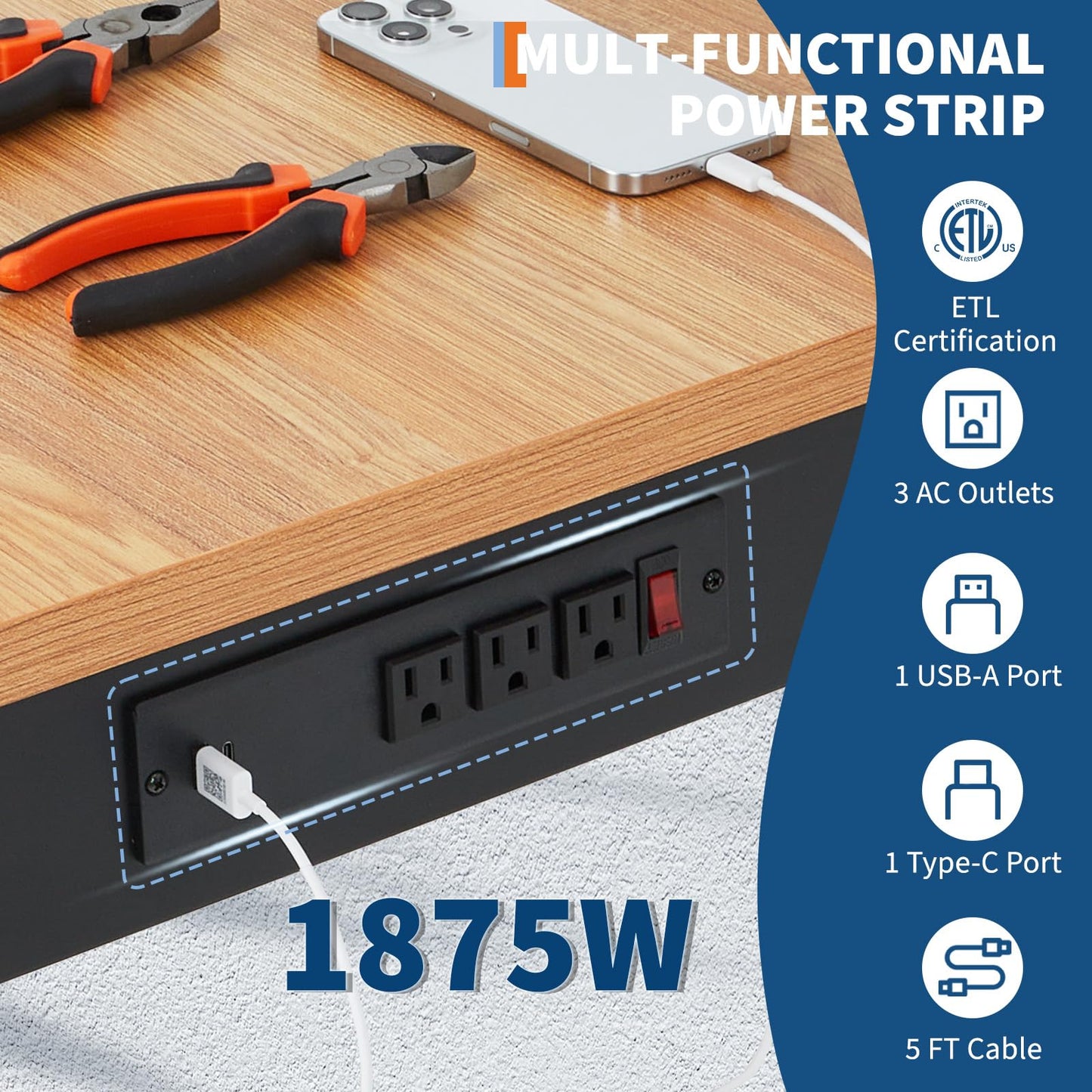 48" Work Bench, 48" x 24" Workbench with Power Outlet, Adjustable Height Work Benches for Garage, 2000 LBS Tool Bench for Workshop & Home
