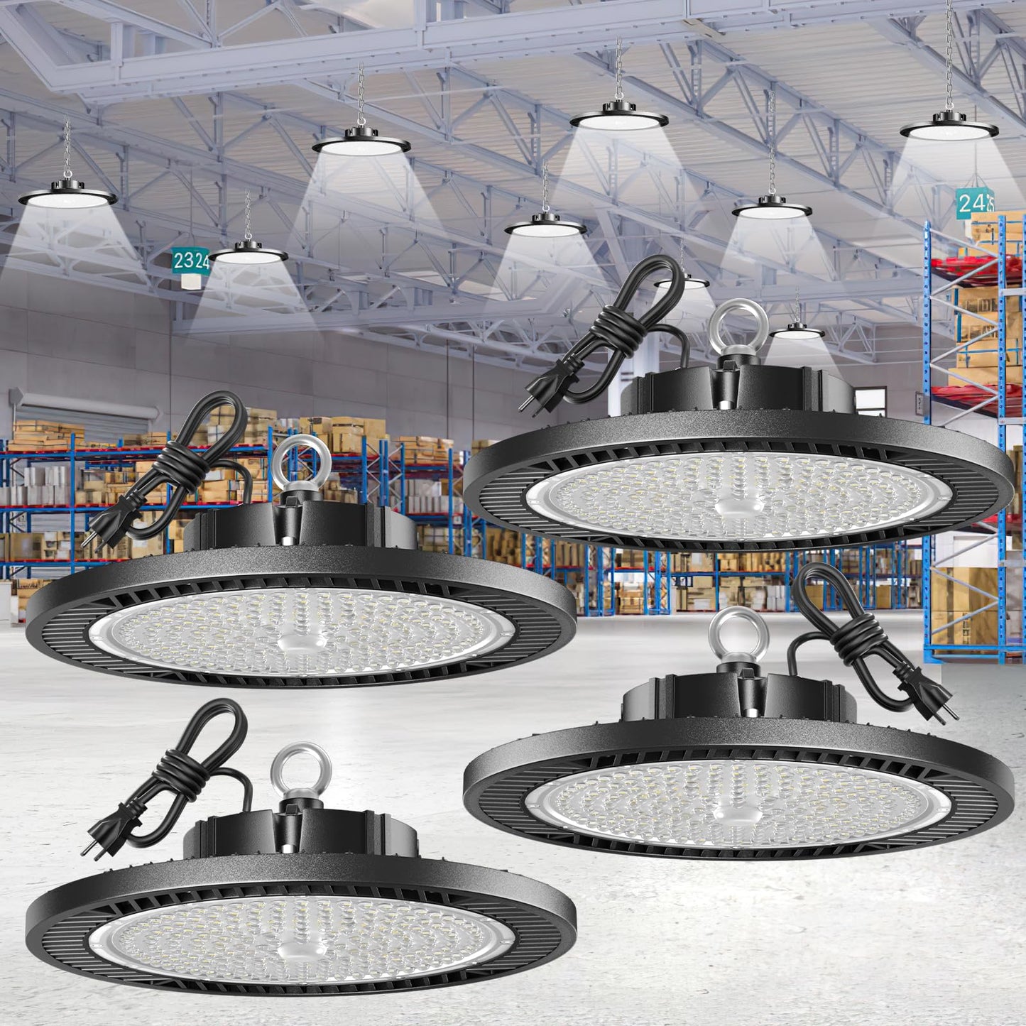 Gugsey Led High Bay Lights 200W - 28000lm 5000K Super Bright Waterproof Led Shop Lights with Plug 5' Cable and Hook Ring, Garage Light for Factory Gym Warehouse Workshop（4 Pack）