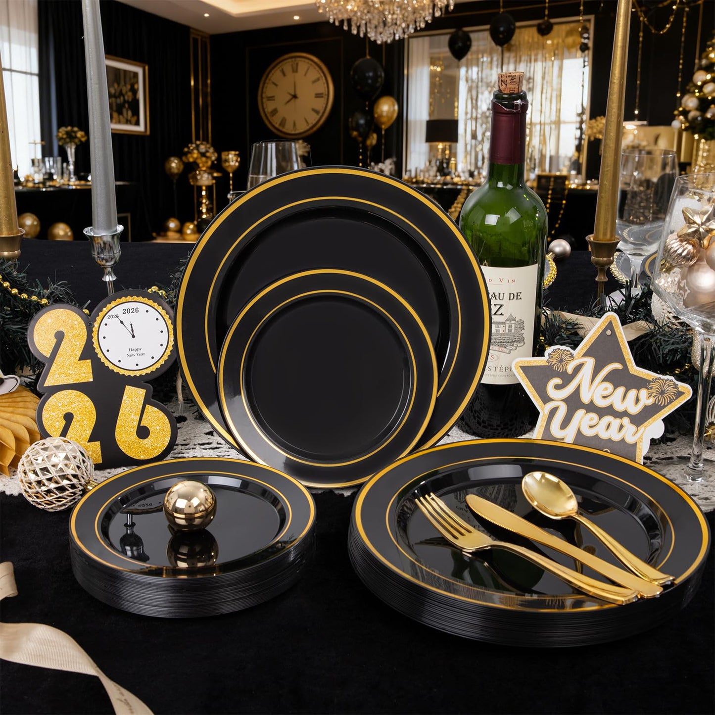 350 Pieces Black and Gold Plastic Plates with Disposable Silverware, Include 50 Dinner Plates 9”, 50 Dessert Plates 6.3”, 50 Black Cups 9 OZ, 50 Pre Rolled Napkins for Wedding Party Graduation