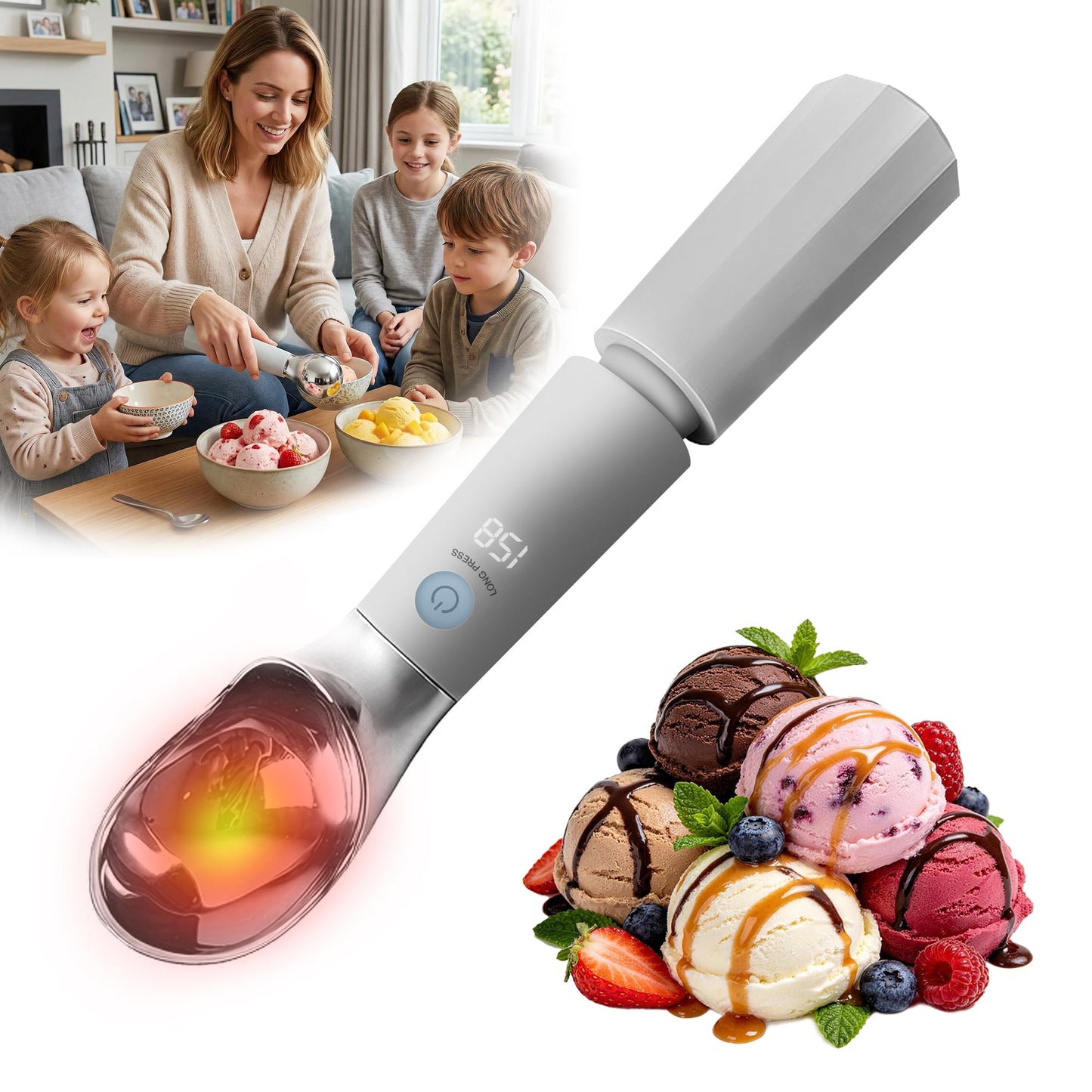 Heated Ice Cream Scoop Rechargeable with Removable Battery, Electric Warming Scooper, 30s Rapid Heating to 162°F, 316 Stainless Steel, LED Display & IP67 Waterproof, Easy Clean for Hard Ice Cream