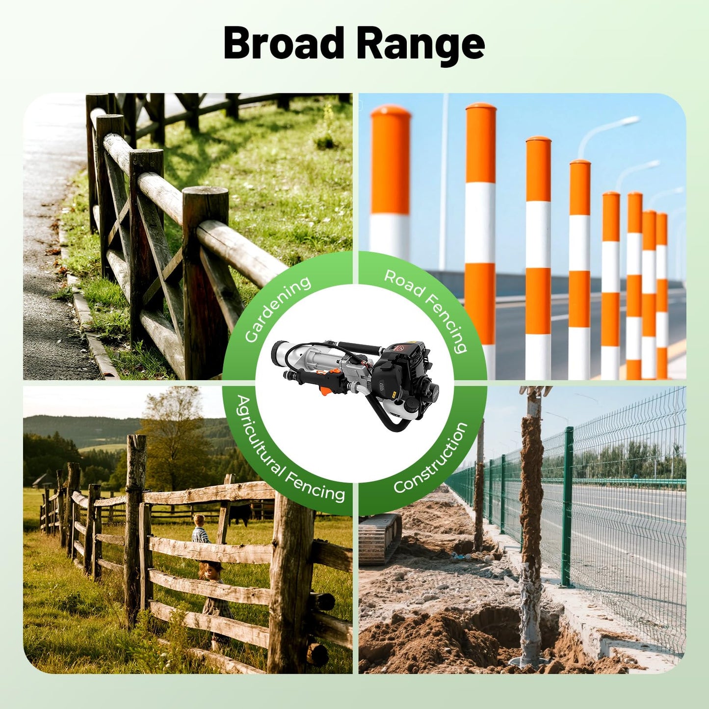 38CC 4-stroke T-Post Pile Driver, Gas-powered Fence Piling Pounder with 2 Post Driving Head (45/55 mm), 1200W Single Cylinder Air-Cooling Piledriver for Farm Fence Garden
