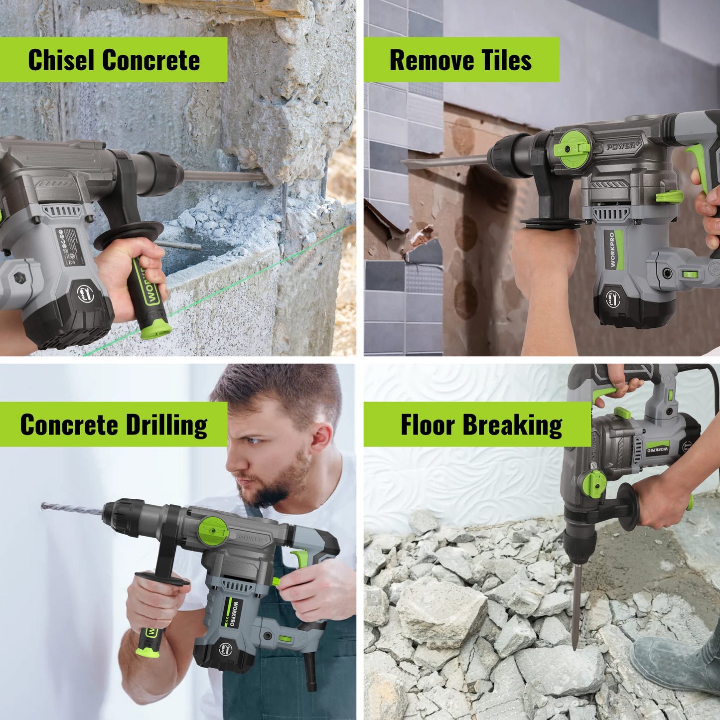 WORKPRO 1-1/4 Inch SDS-Plus Rotary Hammer Drill, 12.5AMP, Heavy Duty Corded Version for Concrete Demolition Chipping Rotomartillo, 5 SDS-Plus Bits