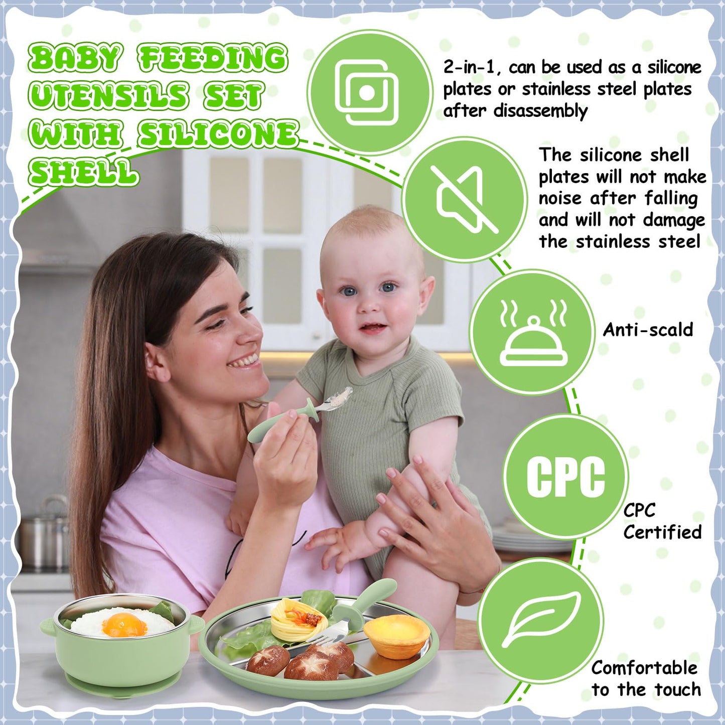 Nuogo 8 Pcs Stainless Steel Kids Plates and Bowls Set with Suction Stainless Steel Baby Plate, Toddler Bowls, Forks, Spoons with Removable Silicone Suction Silicone Baby Feeding Set, Dishwasher Safe