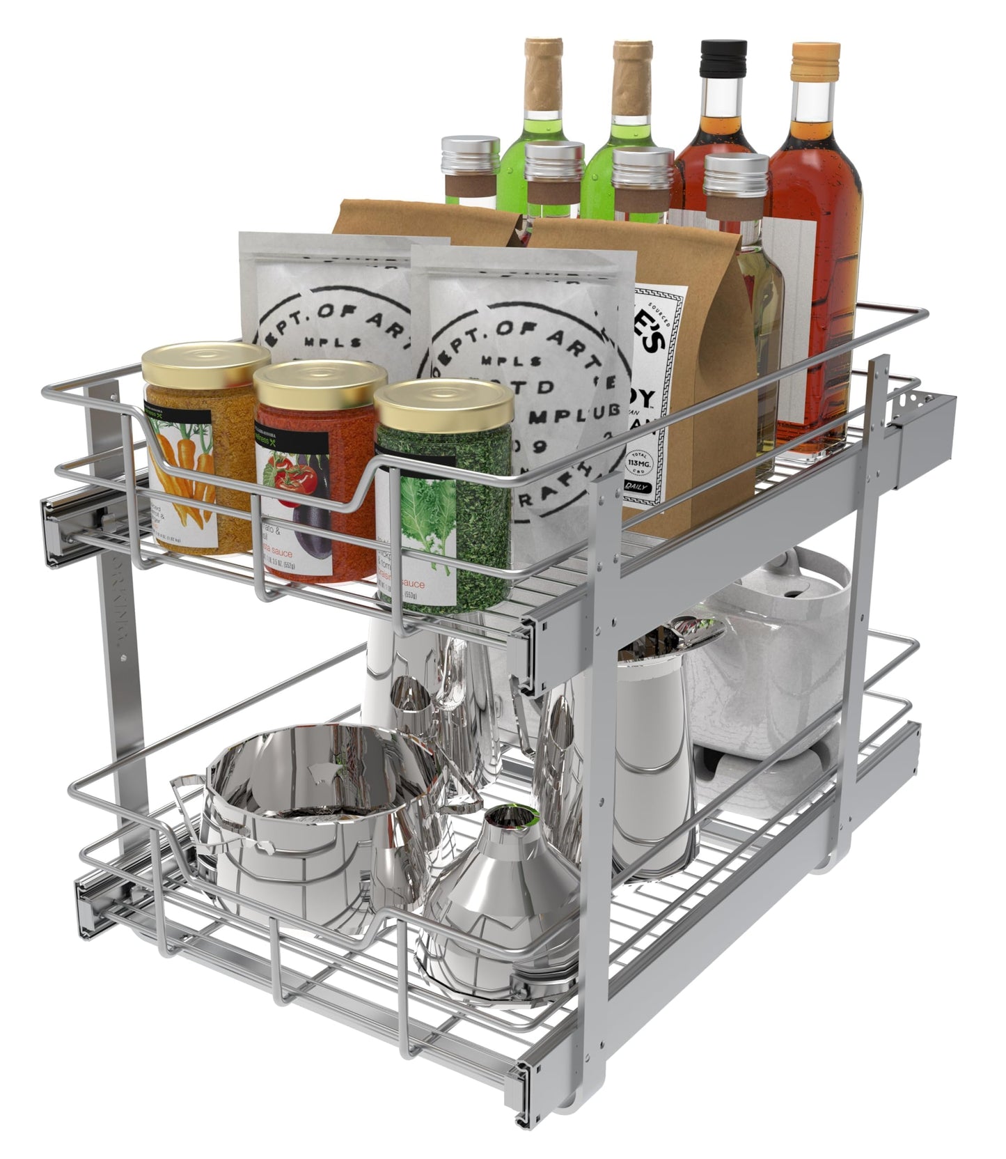 2 Tier Pull Out Cabinet Organizer 14" W X 22" D, Slide Out Drawers For Kitchen Cabinets, Pull Out Drawers For Cabinets Capacity Heavy Duty Caddy, Cabinet Pullout Shelves Chrome-Plated,Bathroom Pantry