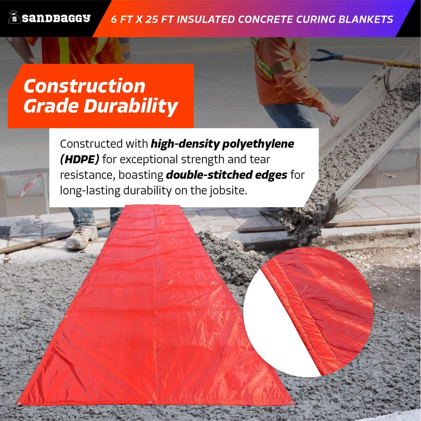 Sandbaggy Concrete Blankets Insulated 6 ft x25 ft with Grommets (max R-Value 3.35) - Waterproof, UV Resistant - Concrete Curing Tarp, Cement (2, 6 ft x 25 ft)