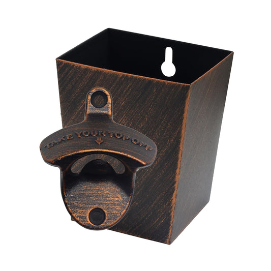 Jumiok Old Fashioned Wall Mount Beer Opener with Cap Catcher Rustproof, Antique Copper Mountable Soda Bottle Top Opener with Cap Bucket Post Mounted