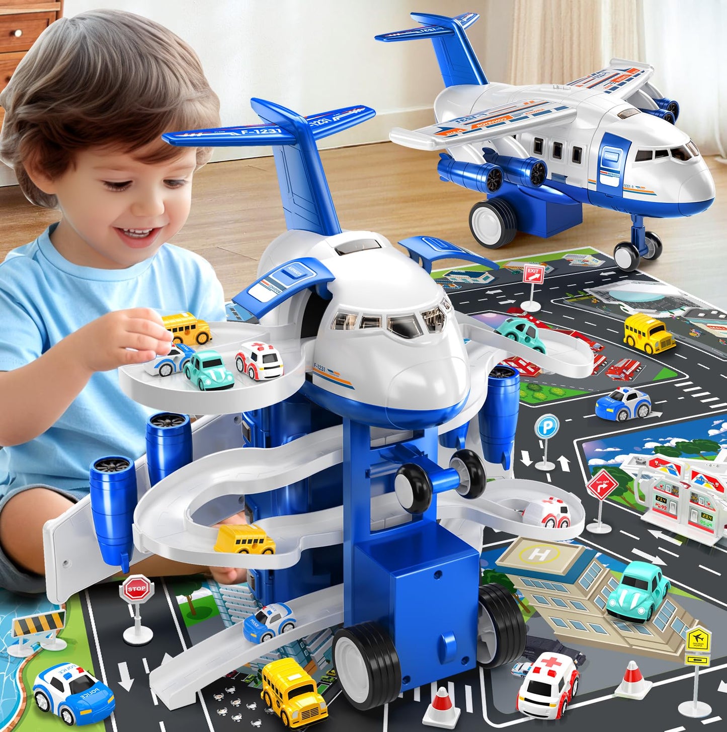 MSKOLER Airplane Toys for Toddlers 2-4 - Boy Toy Car Race Tracks for Kids Ages 3-5 with 8 Small Car Toys, Toddlers Educational Toy, Birthday Gifts for Boys 3-5