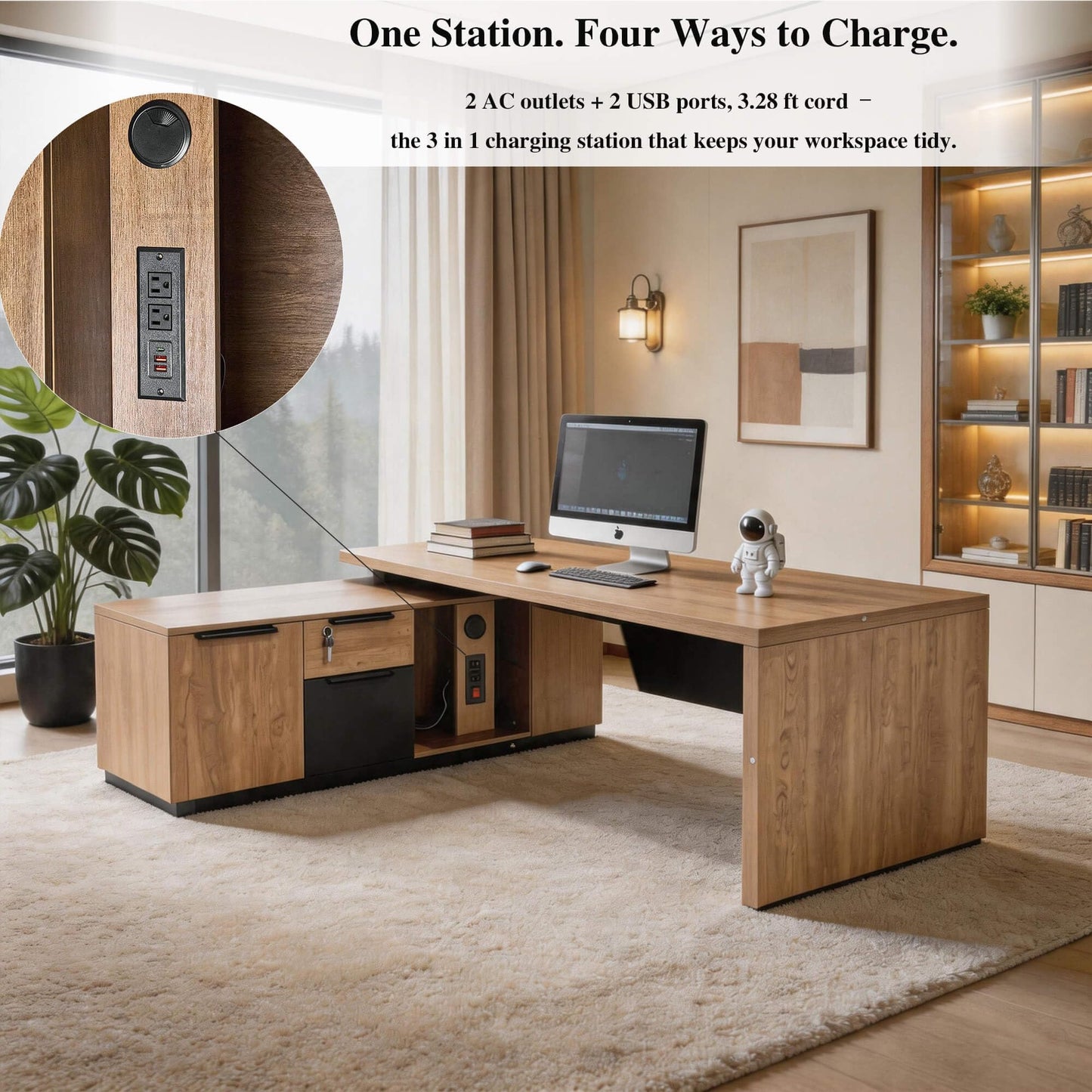 SAINTCY Retractable L-Shaped Executive Desk, Commercial-Grade Office Desk with Reversible Storage Cabinet, Built-in Power Hub, Modern Executive Desk for Home & Business Office