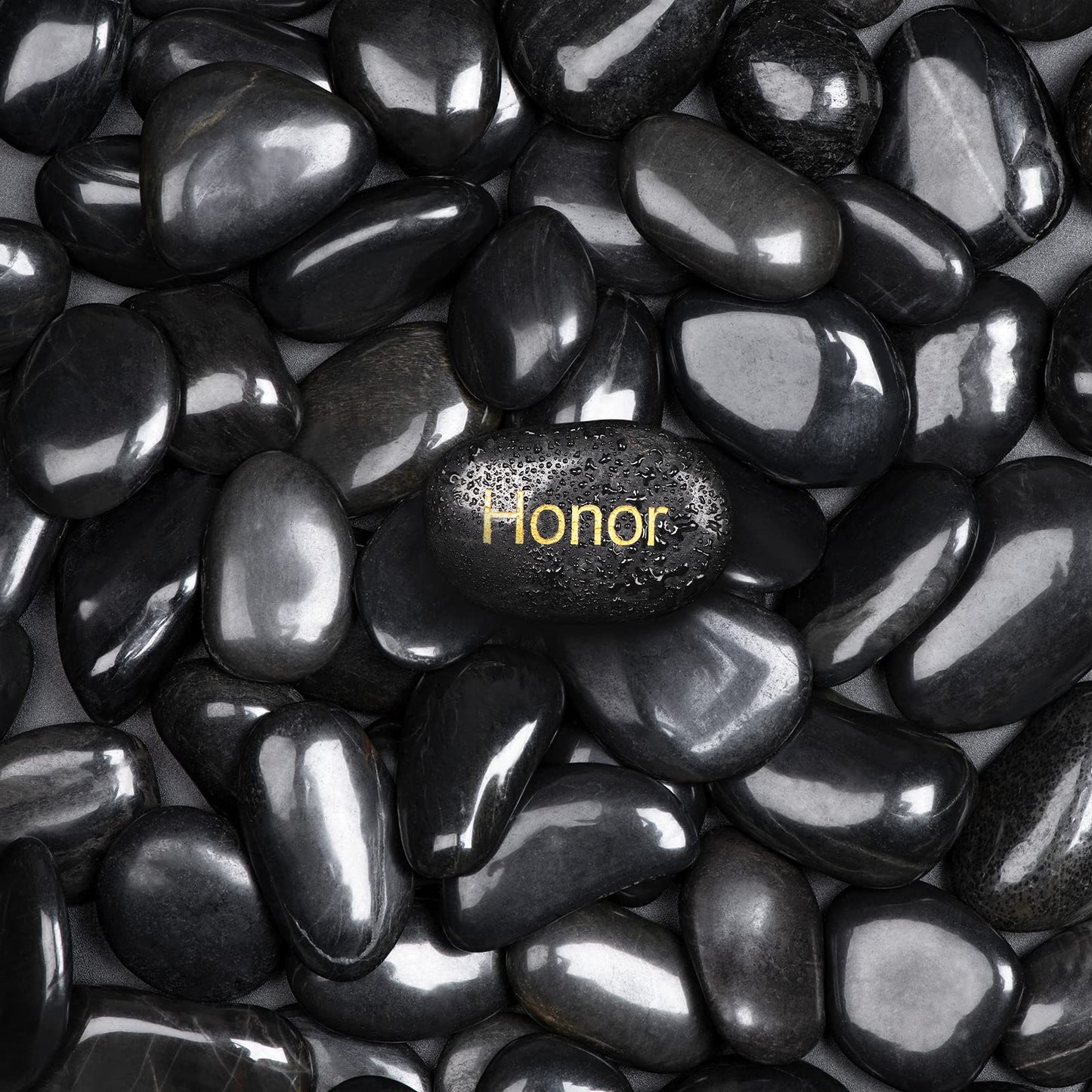 Ausluru 11lbs Polished Black River Rocks,Natural Decorative Stones for Indoor Plants,Vases & Fish Tank,Includes 1 Engraved Inspirational Rock,1-2 Inch Decorative Pebbles for Garden Landscaping