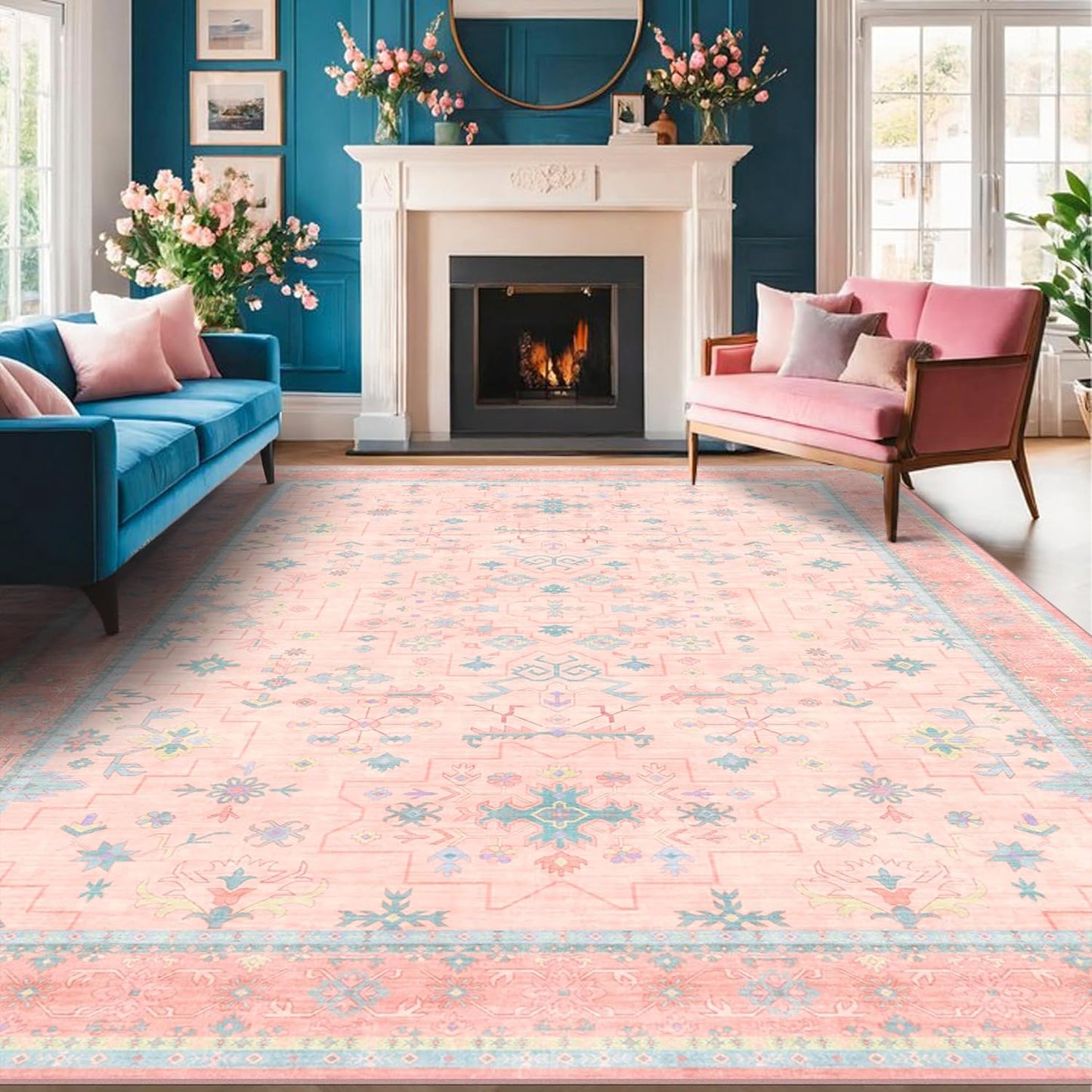 Oushak Rugs | Washable Pink & Blue 7x10 Area Rug - Modern Floral Design, Soft Non-Slip Carpet
