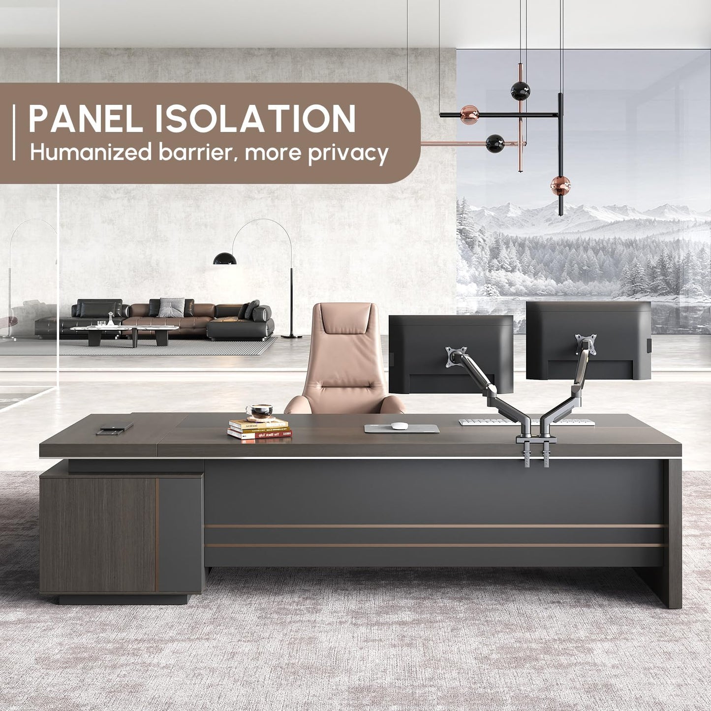 ZIMASYA 87" Reversible L-Shaped Executive Desk with Drawers, Storage Cabinet, Built-in Power Hub & Privacy Panel, Obsidian Grey & Mocha Walnut