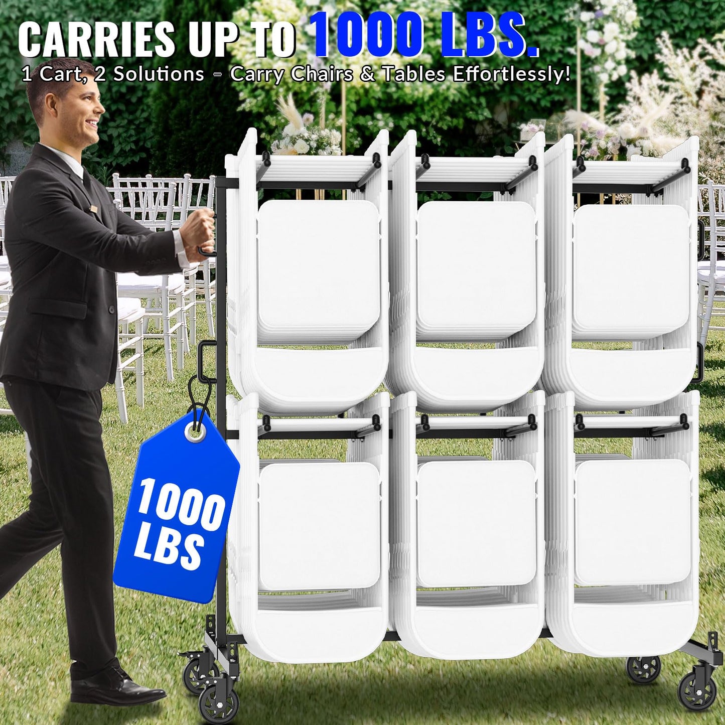 Folding Chair Cart, Holds 84 Folding Chairs or 24 Tables, Heavy-Duty Storage cart, 1000 lbs Weight Capacity, Includes Rain Cover and 360° Rubber Locking Wheels
